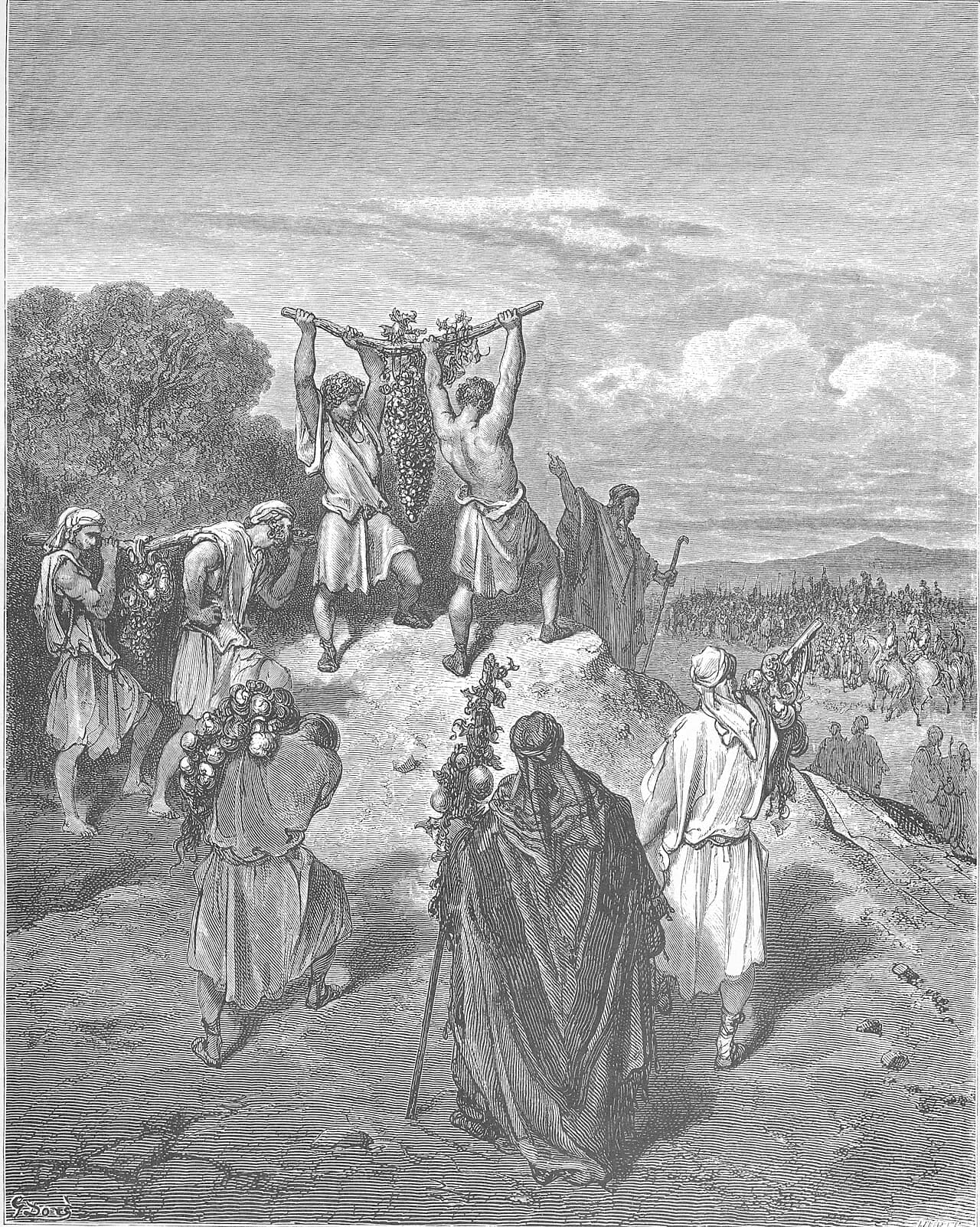 Two spies on a rise hold up a pole hung with a great cluster of grapes while others carry fruit down to the waiting camp.