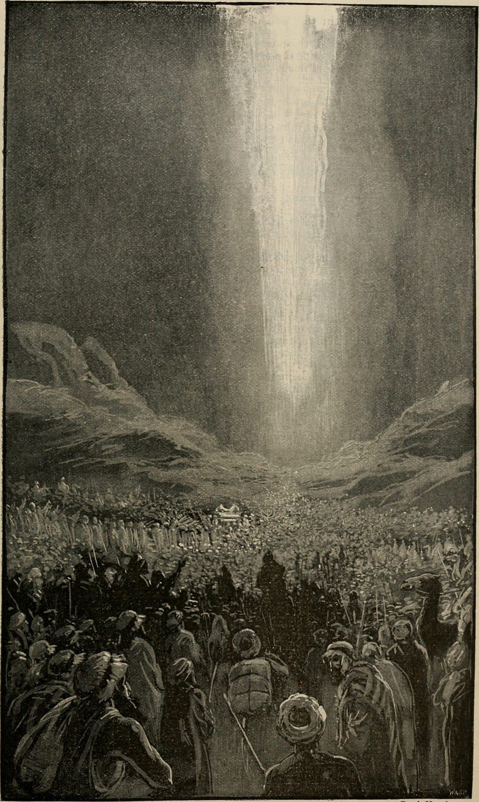 A black and white illustration of a great column of light rising between dark hills at night, with the people of Israel and their camels crowded in the valley below and a gilded chest carried in their midst, the nearest figures in turbans and cloaks seen from behind.