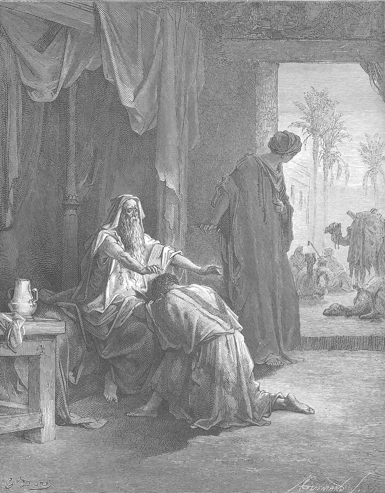An old bearded man seated on a draped couch stretches out both hands over a young man who kneels with his head bowed in the old man's lap, while a woman in a headcloth stands behind them by an open doorway, through which camels and their riders rest among palm trees