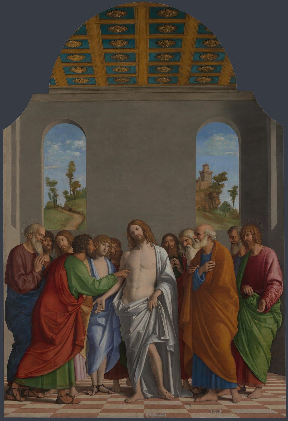 Cima da Conegliano's Incredulity of Saint Thomas: in a hall under a coffered vault, the risen Christ stands among the apostles with his robe drawn open, and Thomas, in green and red, reaches a finger toward the wound in his side.