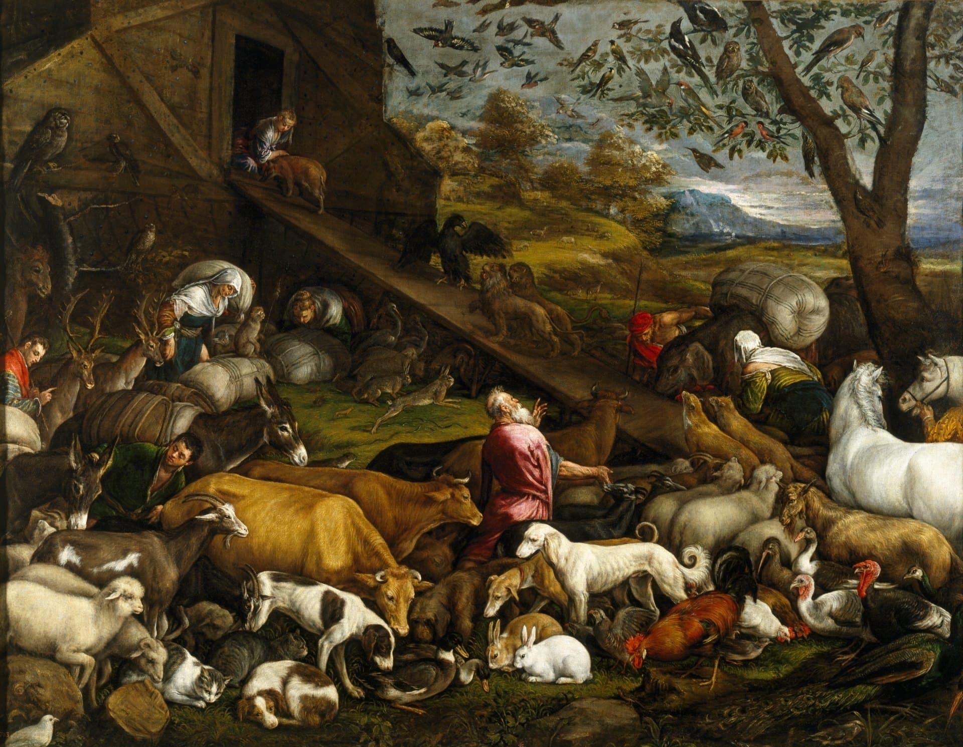 Noah in a red robe looks up among cattle, sheep, dogs, horses and birds crowding toward a wooden ramp that climbs to the door of the ark, where a woman lifts a pig inside.
