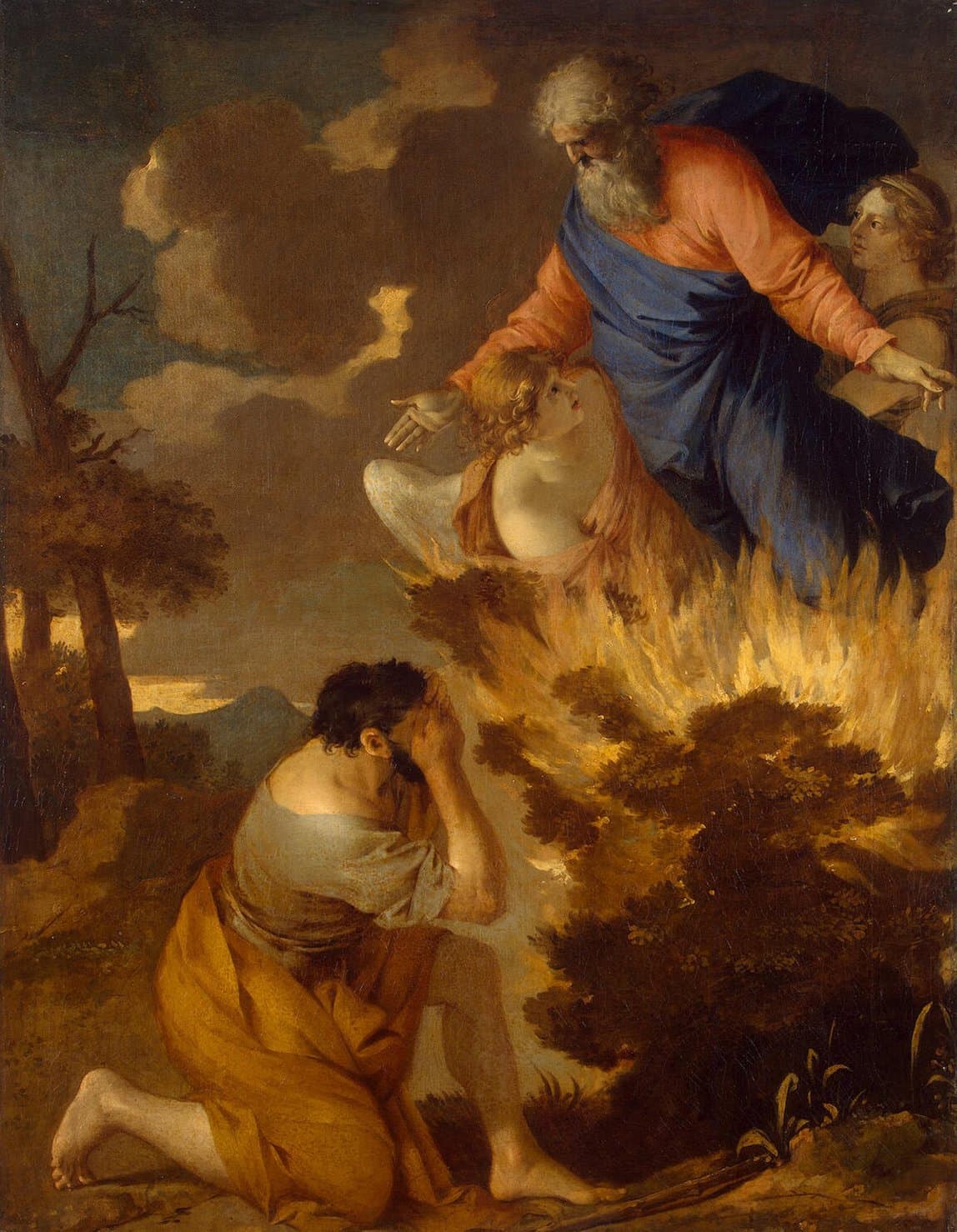 Moses kneels barefoot with his hand over his eyes before a bush in flames, above which God appears in a blue and red robe among angels in the clouds.