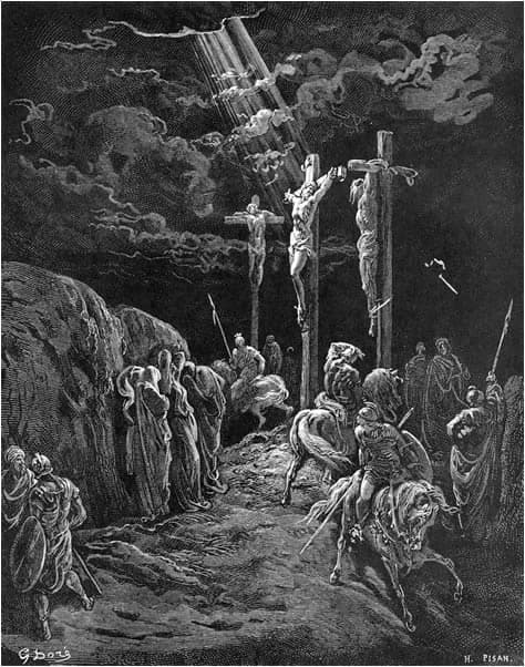 Three crosses stand on a dark hill under storm clouds pierced by a beam of light, while horsemen with spears and mourners move along the path below.