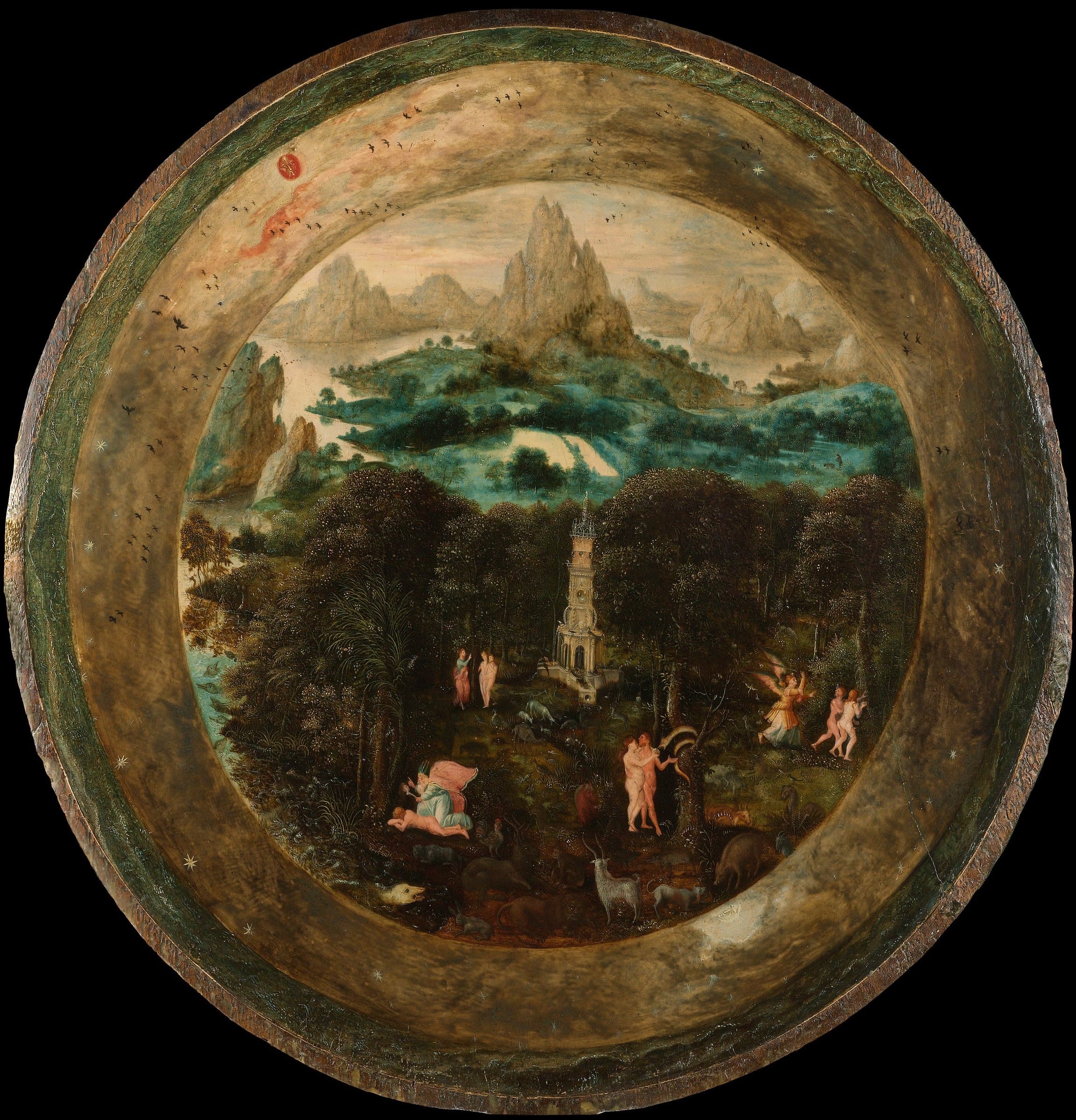 A round panel of a wooded garden below blue mountains, with a tall fountain tower at its centre; Eve is drawn from the sleeping Adam at the lower left, the two stand at a tree in the middle, and an angel drives them out at the right.