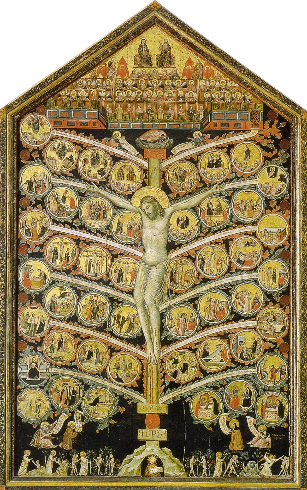 A gabled gold panel shows Christ crucified on a cross that grows as a tree, with twelve branches on which round pictures hang like fruit, a gathering of saints and angels in heaven above, and small scenes of Adam and Eve in the garden along the foot.