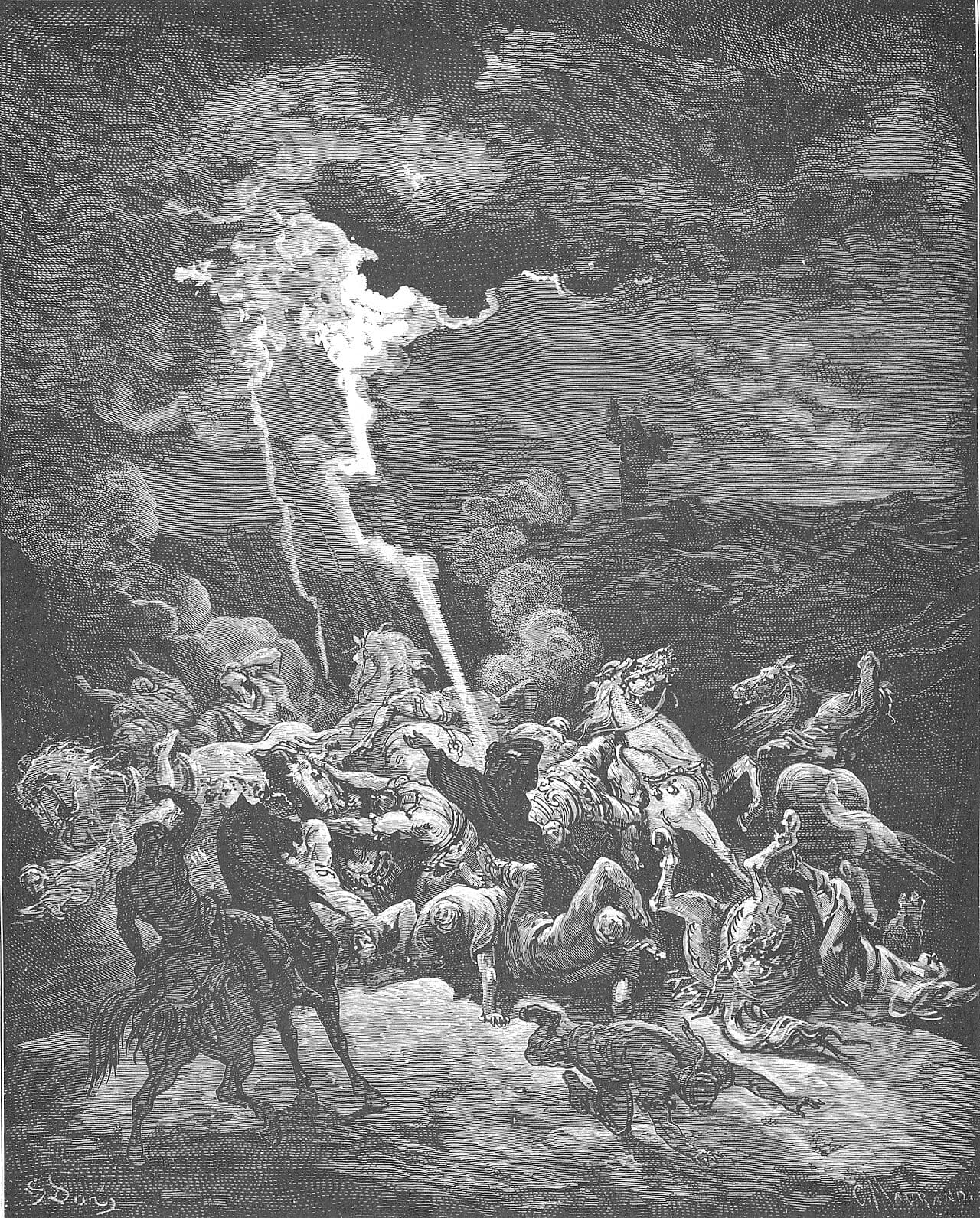 Fire falls in a bright column from a stormy sky onto a crowd of soldiers and rearing horses, men thrown to the ground, while a small dark figure stands on a hill at the right.