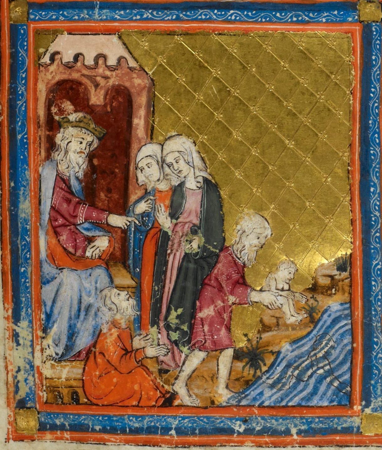 Inside a painted frame on a gold ground, a crowned and bearded king sits on a throne before a battlemented red canopy and points at two veiled women standing before him, an old man kneels at his feet, and on the right a man holds a naked infant out over a blue river.