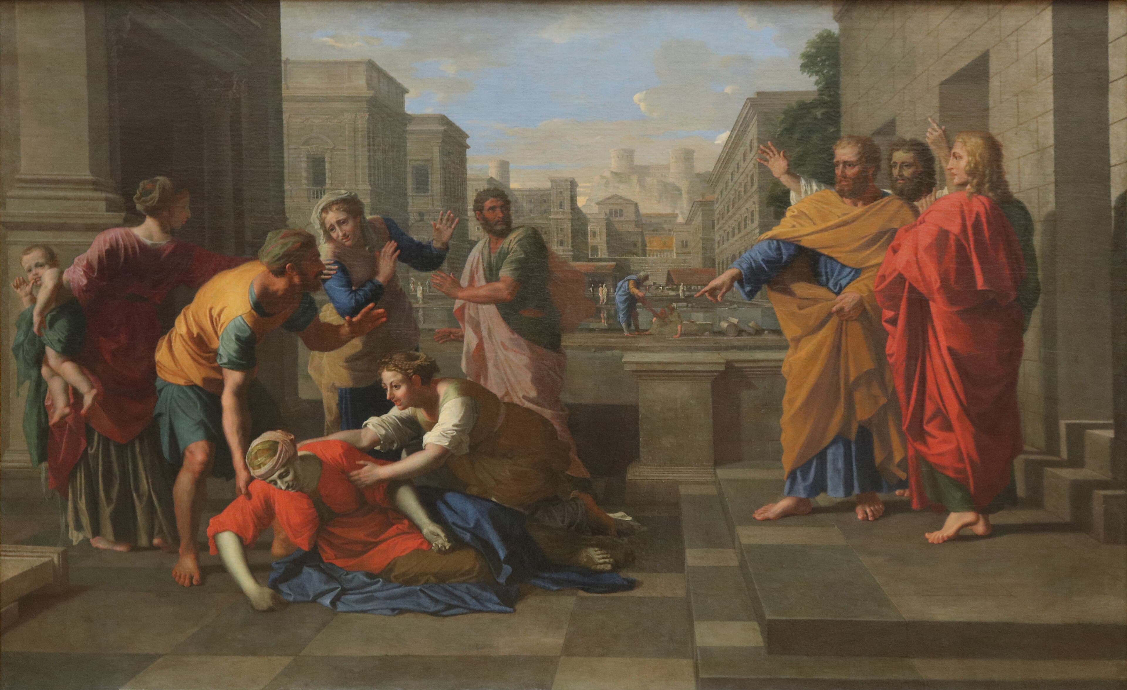 A painting of a paved square in a classical city, where a woman in red lies fallen on the stones while a crowd bends over her and shrinks back, and on the right a bearded apostle in a yellow robe points down at her with two companions behind him.