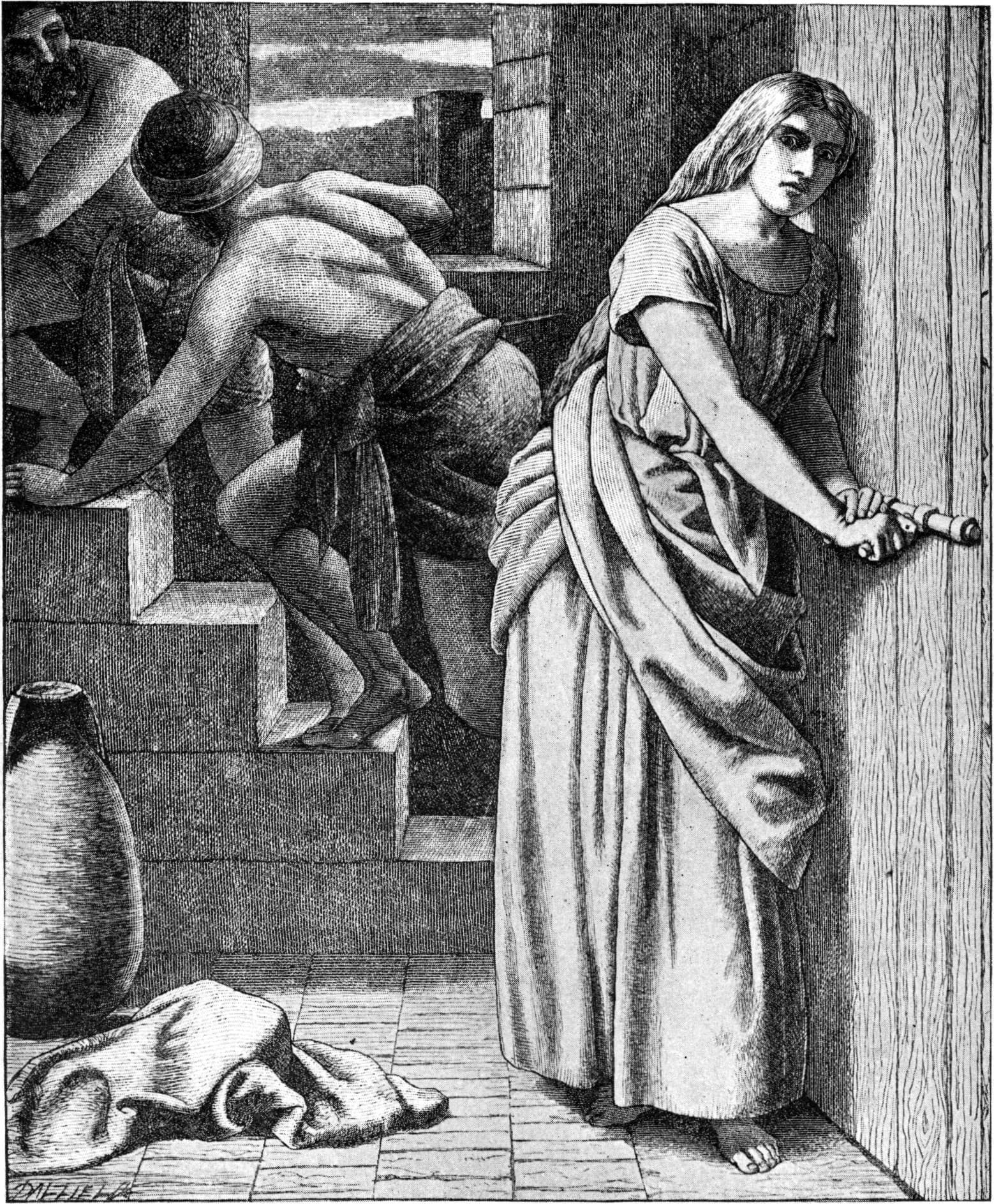 An engraving of a young woman holding the bolt of a wooden door and looking back over her shoulder, while two men climb a stone stair behind her.