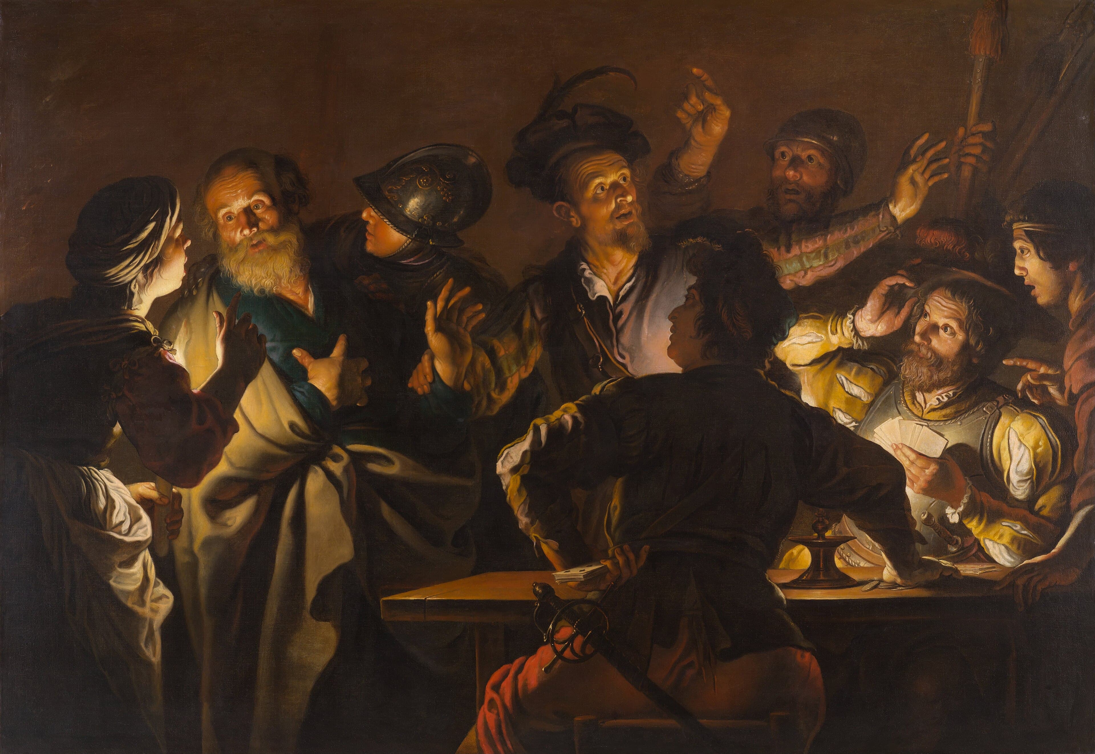 A painting of a dark room lit by one candle, where a grey-bearded man in a brown cloak draws back with his hand on his chest as a young servant woman points at him, while soldiers in helmets and armour play cards at a table and turn to stare.
