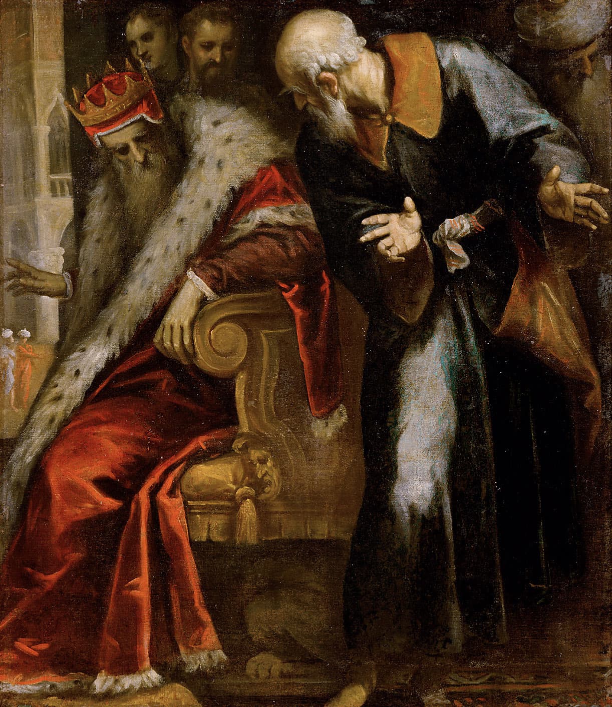 A crowned old king in red and ermine sits on a gilded throne with his head bowed, while a white-bearded prophet leans toward him with open hands.