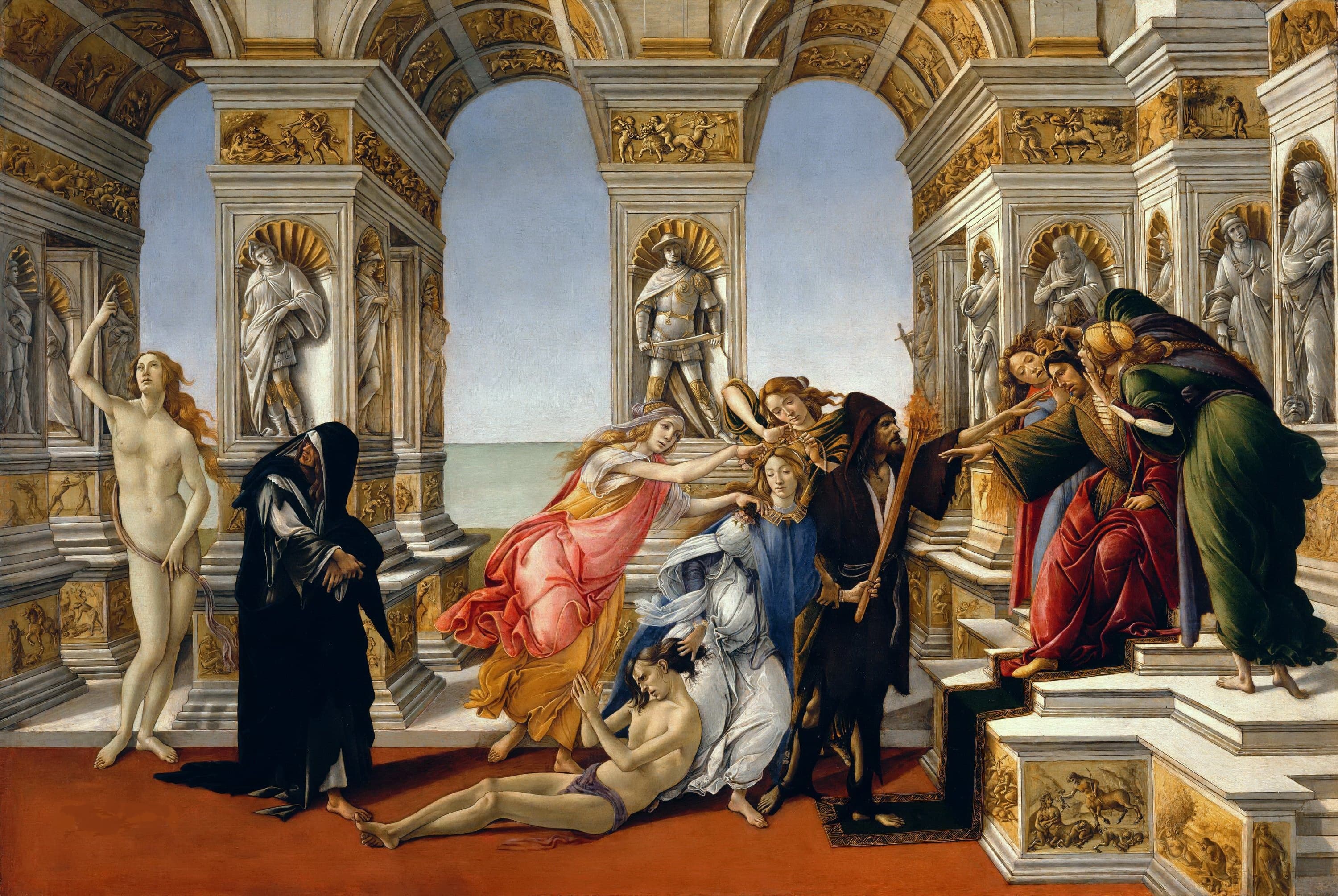 A king sits enthroned in a hall of marble arches with two women at his ears, while a woman in white drags a nearly naked man before him by the hair.