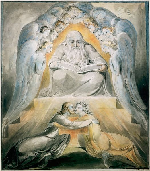 A watercolour of an old bearded figure enthroned with an open book and ringed by angels, while below him two figures kneel, embrace and kiss at the foot of the throne.
