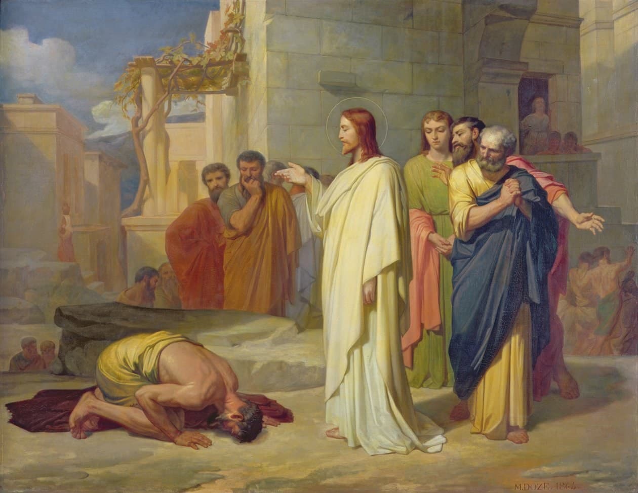 A man in a yellow loincloth kneels with his forehead to the ground on a dark red cloth, while Jesus in a white robe stands over him with His right hand stretched out, and the disciples and townspeople watch in front of stone buildings.