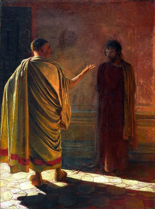 A Roman governor in a pale yellow toga stands half turned with one hand raised toward Jesus, who stands in a dark red robe in the shadow of a sunlit hall.