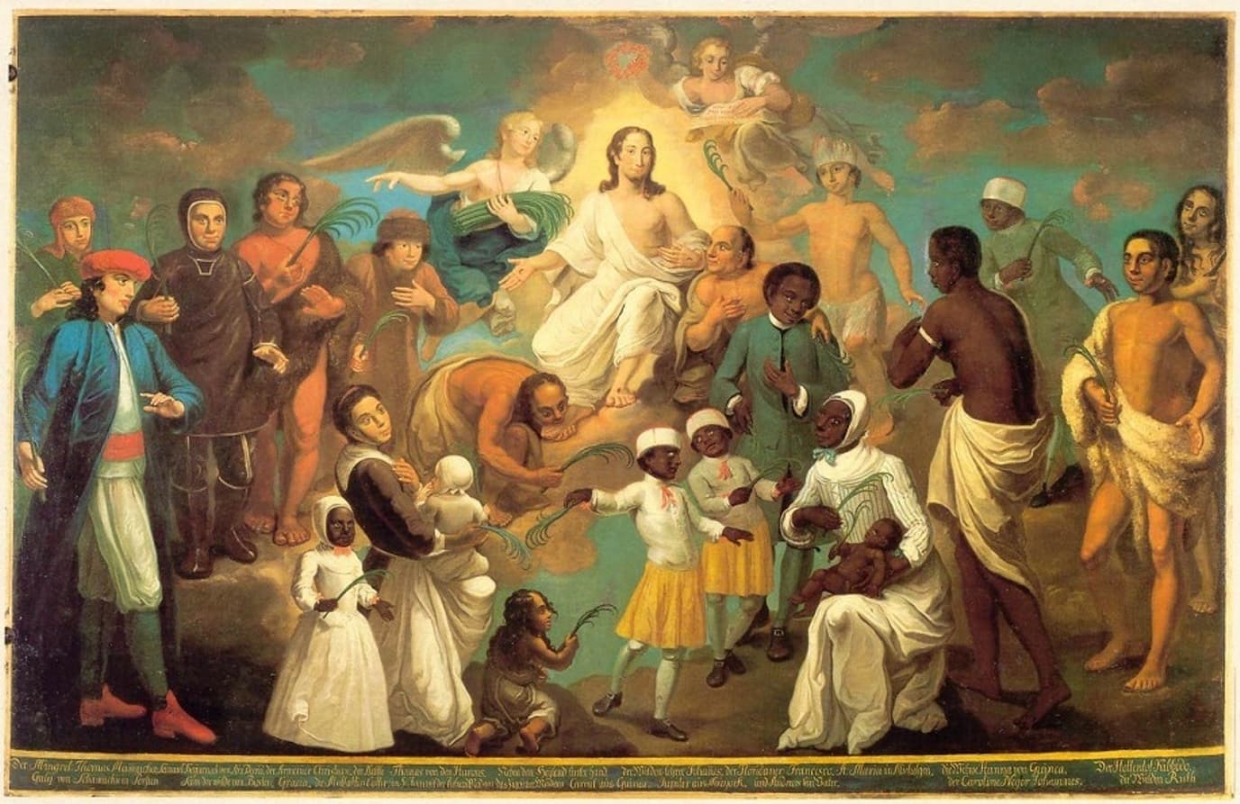 The risen Christ in a white robe sits on a cloud among angels, with men, women and children of many peoples and many kinds of dress standing around Him and holding palm branches, and a line of names written along the foot of the canvas.