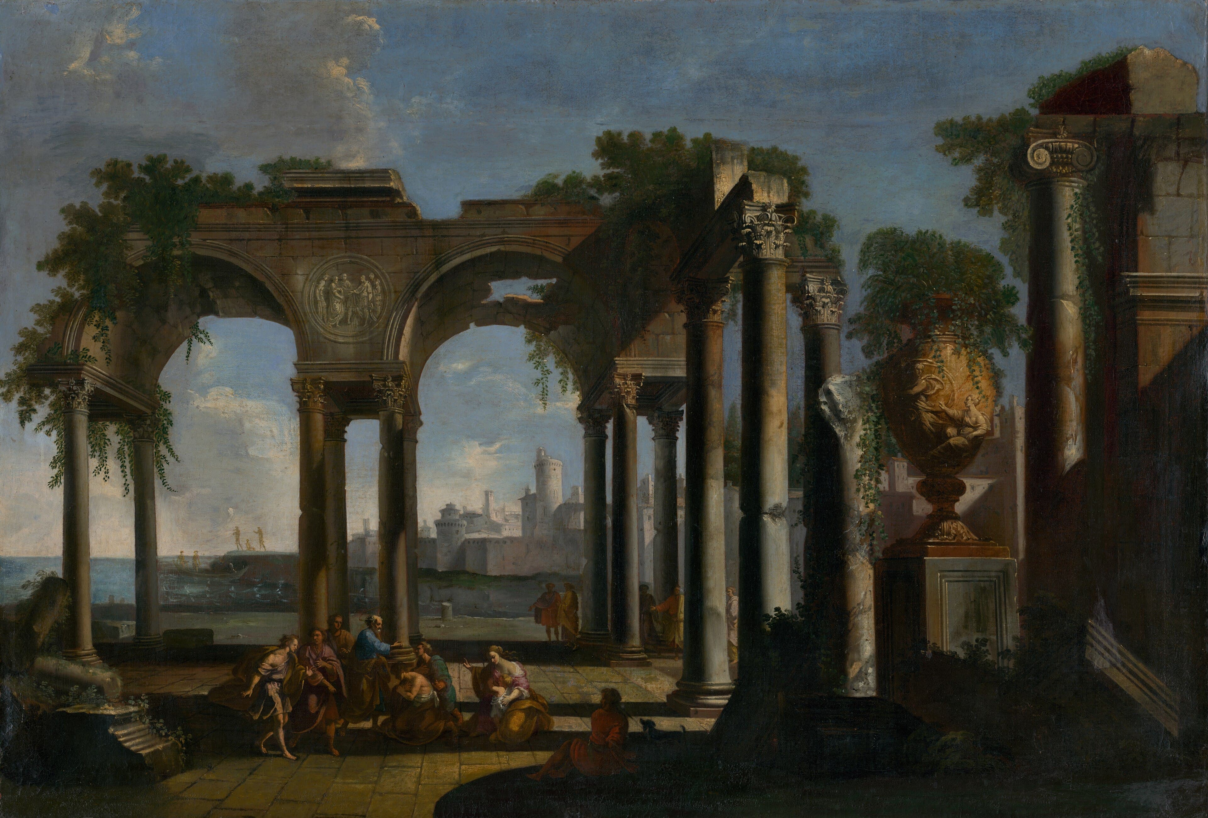 Among ruined Roman arches and columns by a harbour, a small group of men and women gathers on a stone terrace around Saint Paul as he preaches.