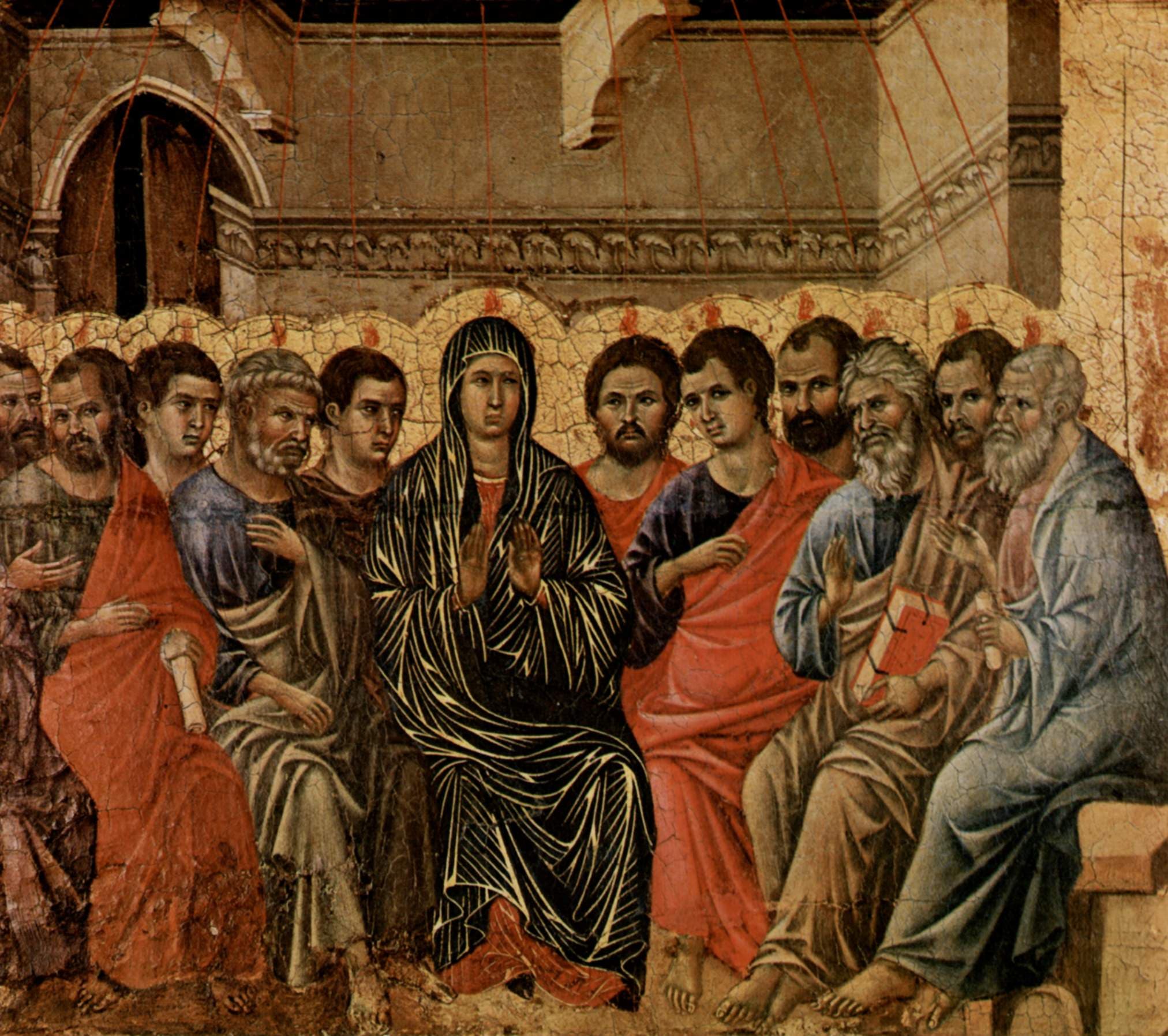 A gold-ground panel of Mary in a dark mantle seated at the centre of the apostles, who sit close together on either side of her in red, blue and brown robes, some holding books and scrolls. A small flame rests over each gold halo, and thin red rays come down on them from above the room.