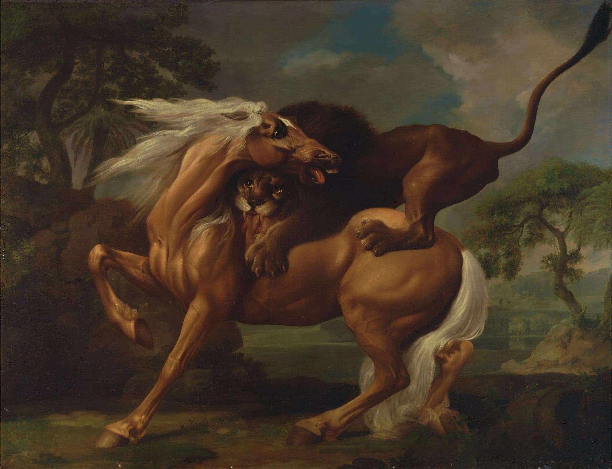 A lion leaps onto the back of a rearing white-maned horse, its claws in the horse's flank, while the horse twists its head back in terror against a dark wooded landscape.