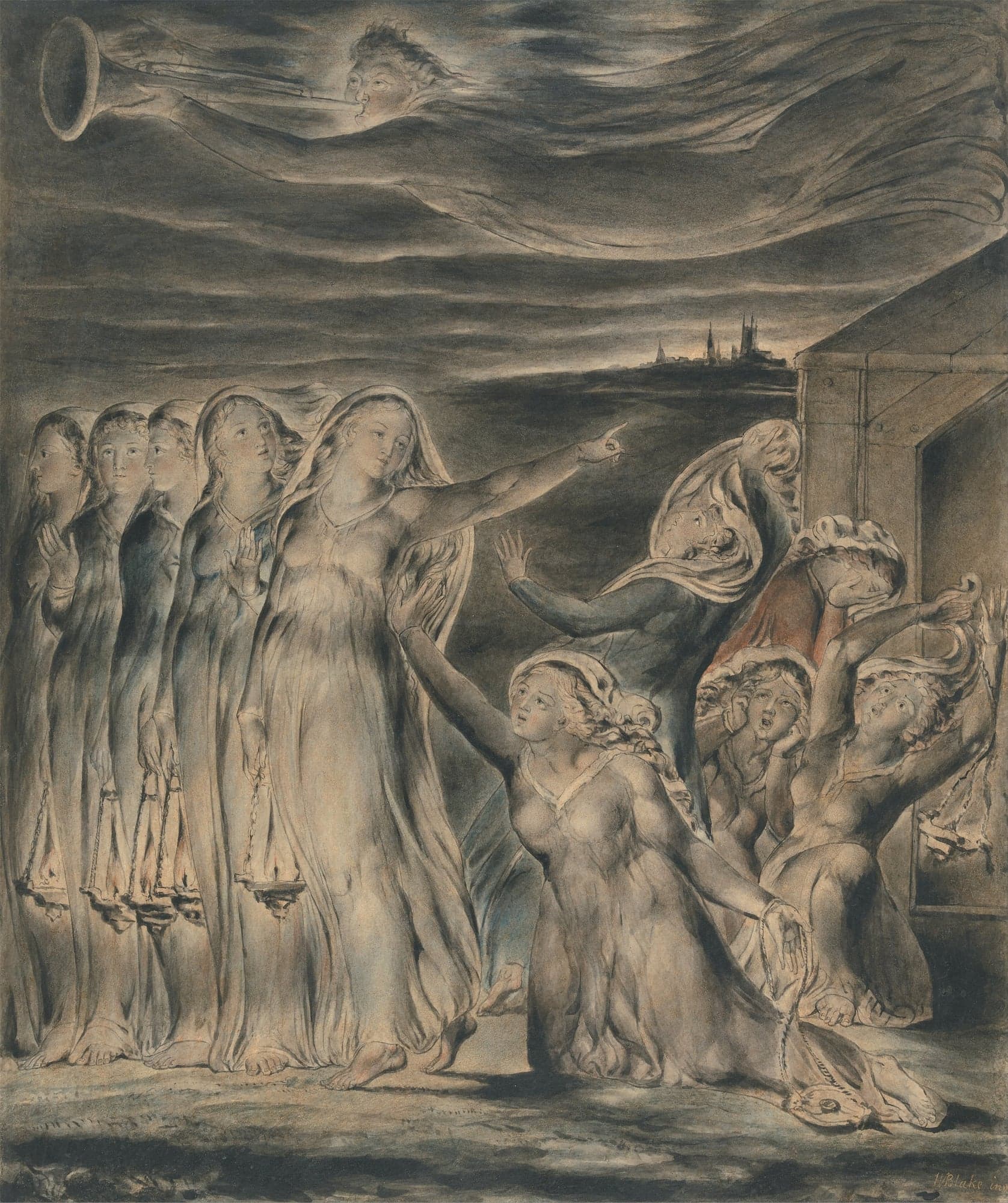 A watercolour of five women in pale robes walking in a line with lit lamps hanging from chains, the foremost pointing ahead, while five other women kneel and cry out beside a closed building and an angel blows a trumpet across the dark sky.