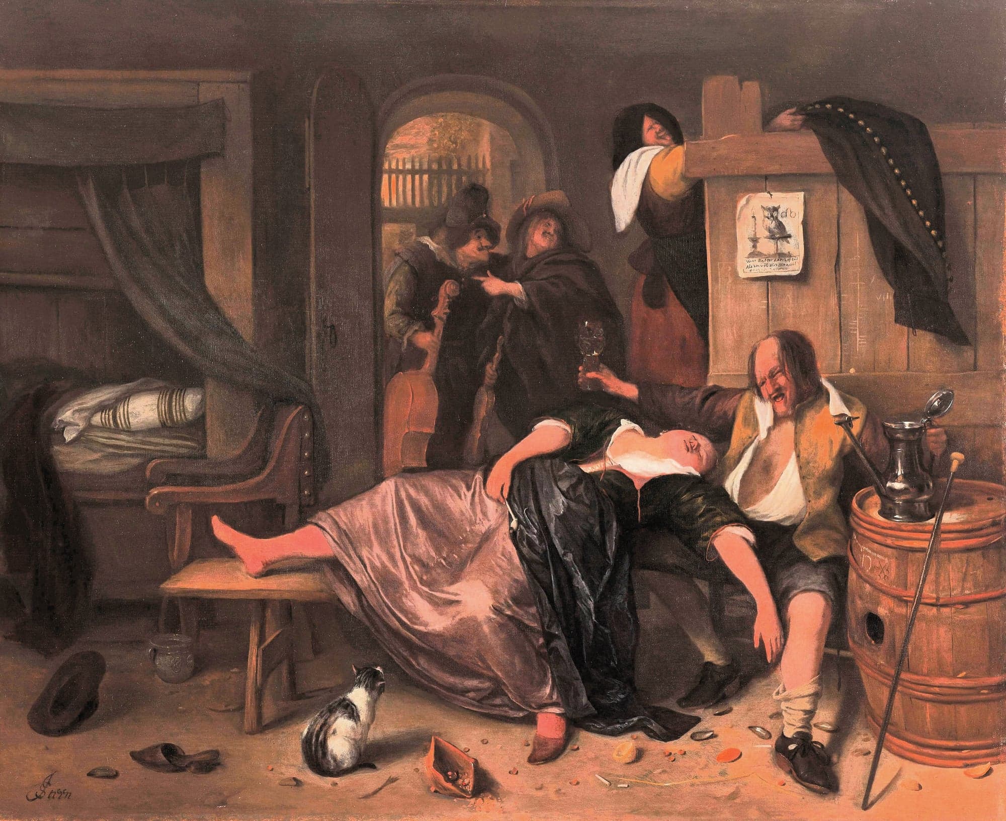 A painting of a tavern room where a woman in a pink skirt lies asleep across a bench against a laughing man in a yellow jerkin who holds up a glass, beside a barrel with a pewter jug, while two figures with a viol laugh in the doorway and a woman behind a partition lifts away his cloak.