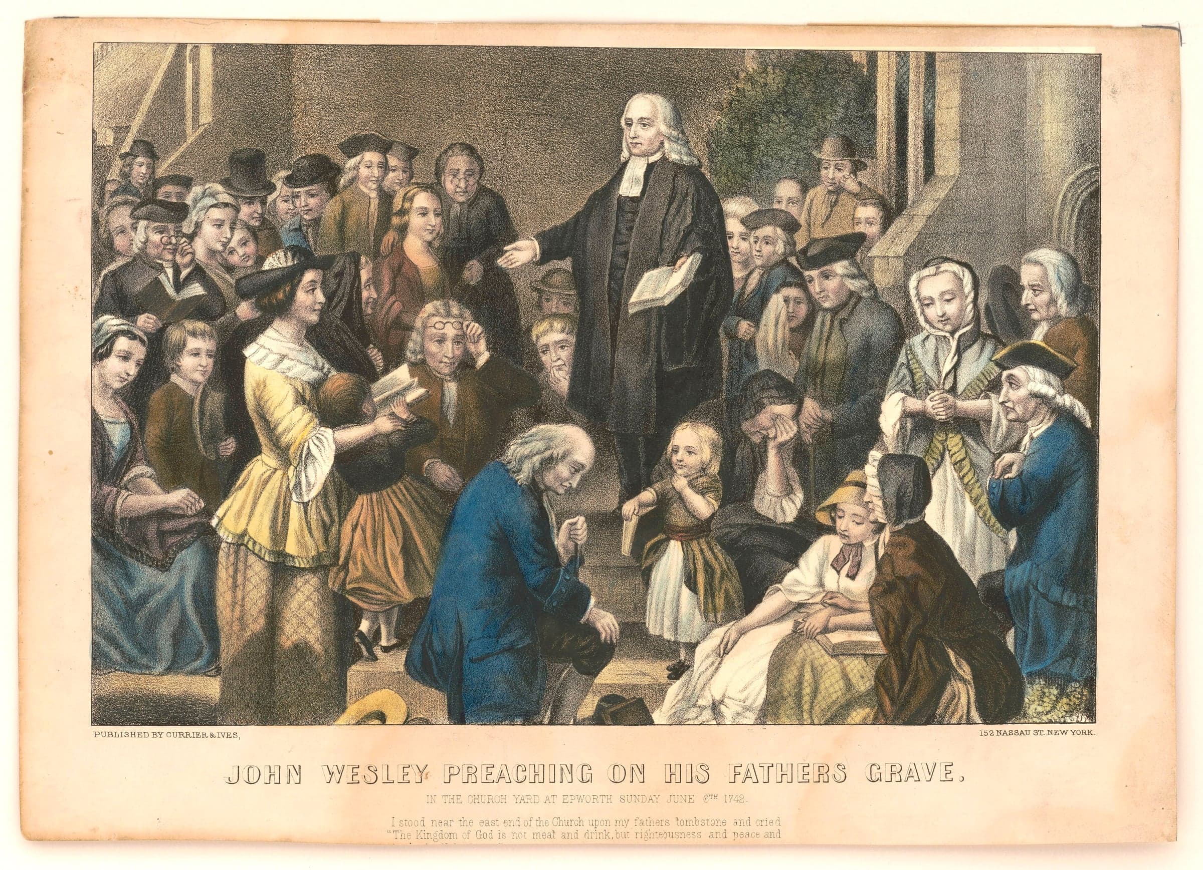 Wesley, in a black gown and white bands, stands with an open book above a crowd of men, women and children in a churchyard, some kneeling and some weeping.