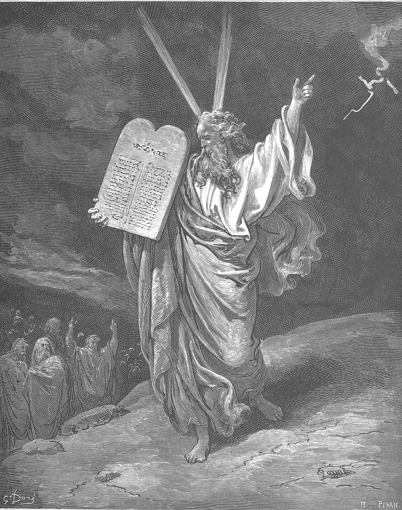 Moses, white-bearded and barefoot in a flowing robe, stands on rocky ground holding the two inscribed stone tablets on one arm and pointing upward with the other hand toward a flash of lightning, while two beams of light rise from his head and a crowd of Israelites watches from the lower left.