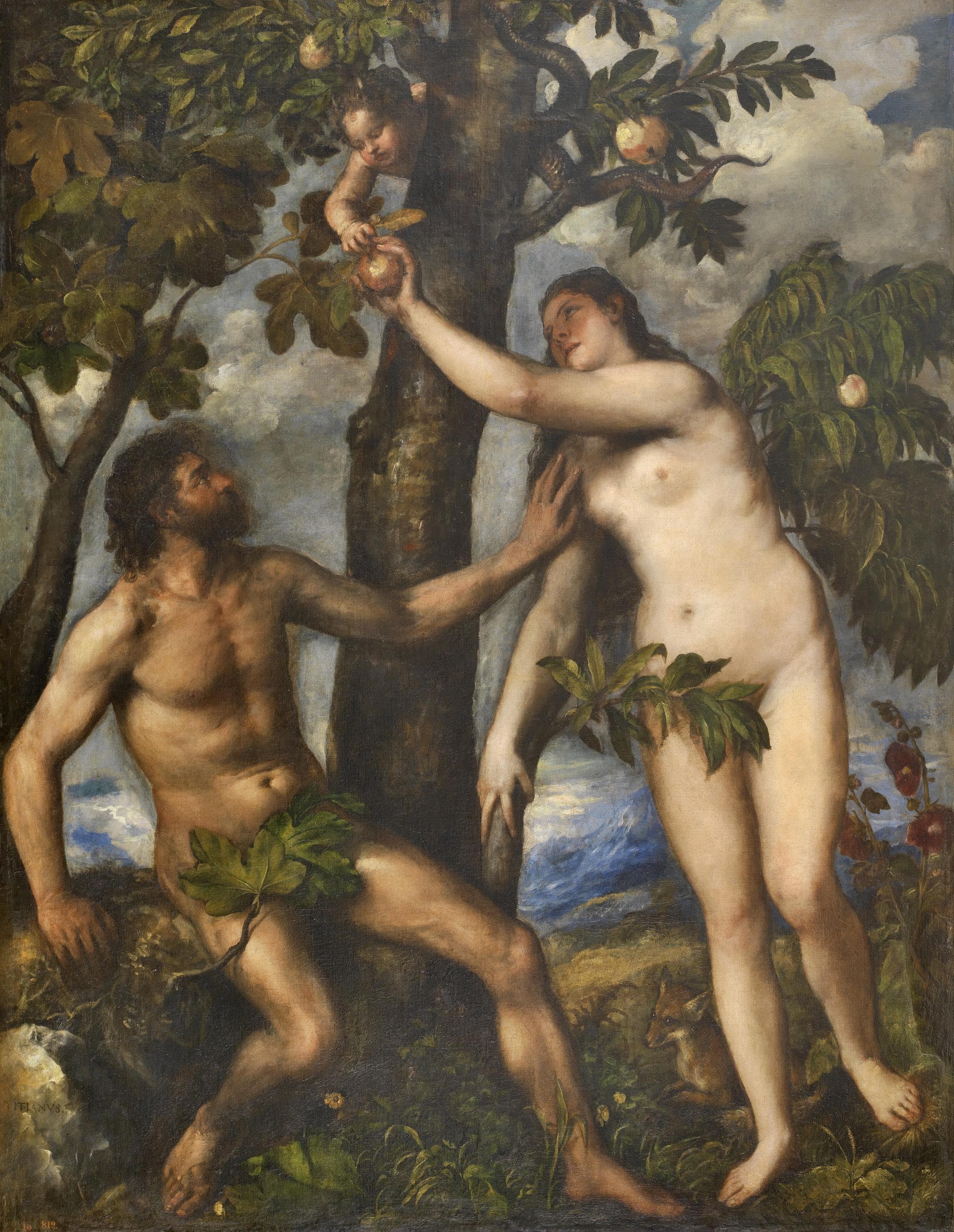 A painting of Adam seated on a rock and reaching toward Eve, who stands by a tree and takes a fruit from a child with a serpent's tail coiled in the branches, while a fox sits at her feet.