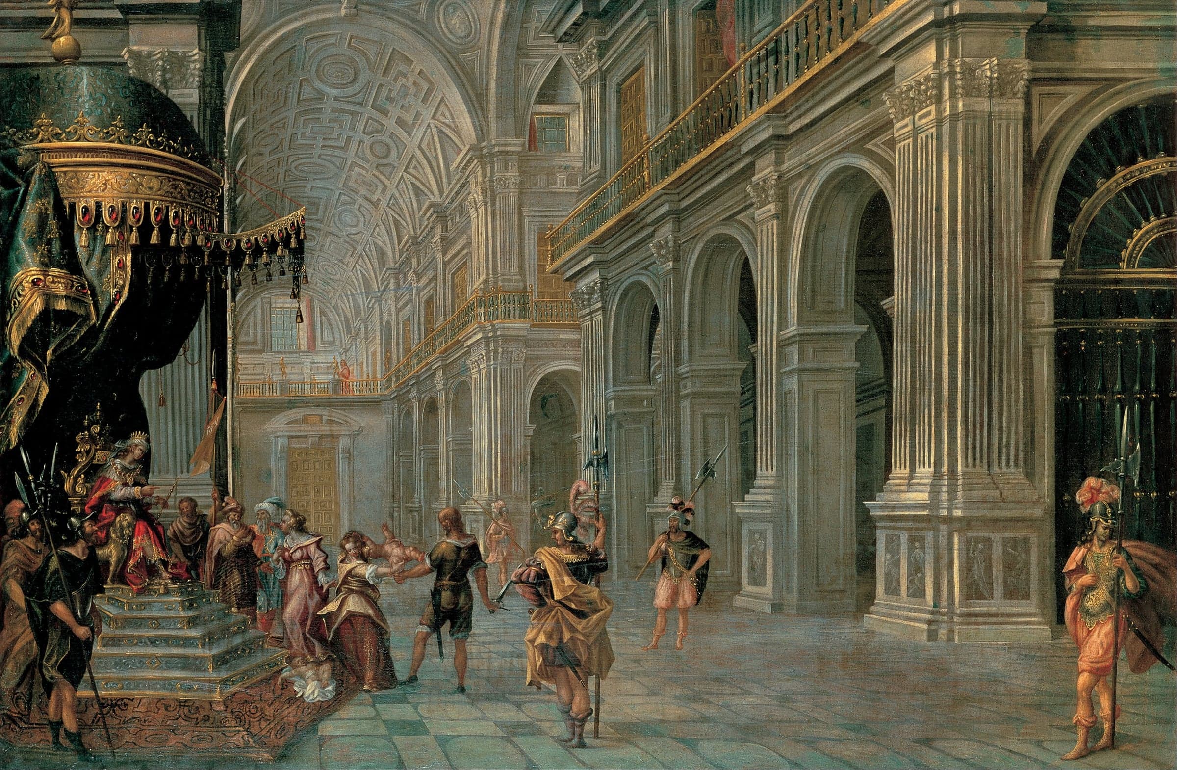King Solomon sits enthroned under a canopy at the left of a vast arcaded hall, while a soldier holds up a baby before the two women and guards stand by.