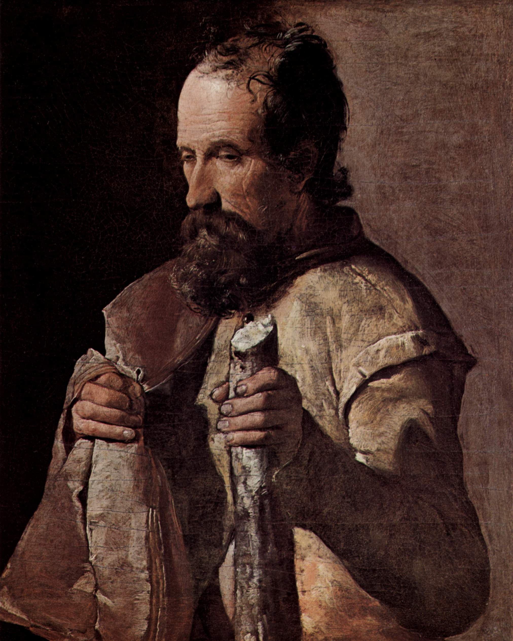 A painting of an old bearded man in a rough brown cloak, his head bowed and his eyes lowered, holding a cloth in one hand and a pale wooden club upright in the other.