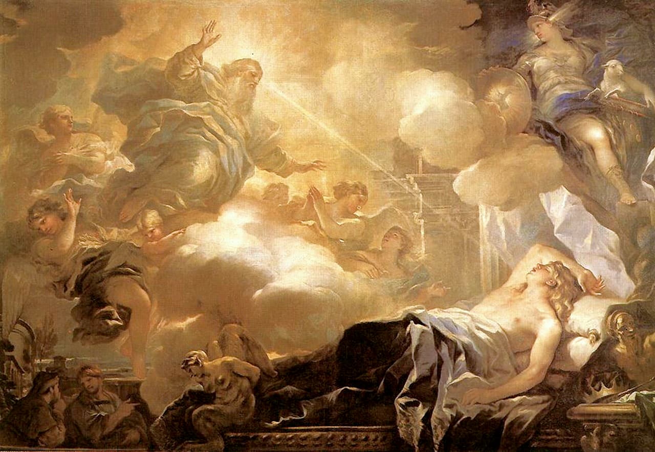 A painting of King Solomon asleep on a bed at the lower right while God, among angels in the clouds, stretches a hand toward him and a ray of light falls across the scene, with a helmeted woman holding a shield at the upper right.