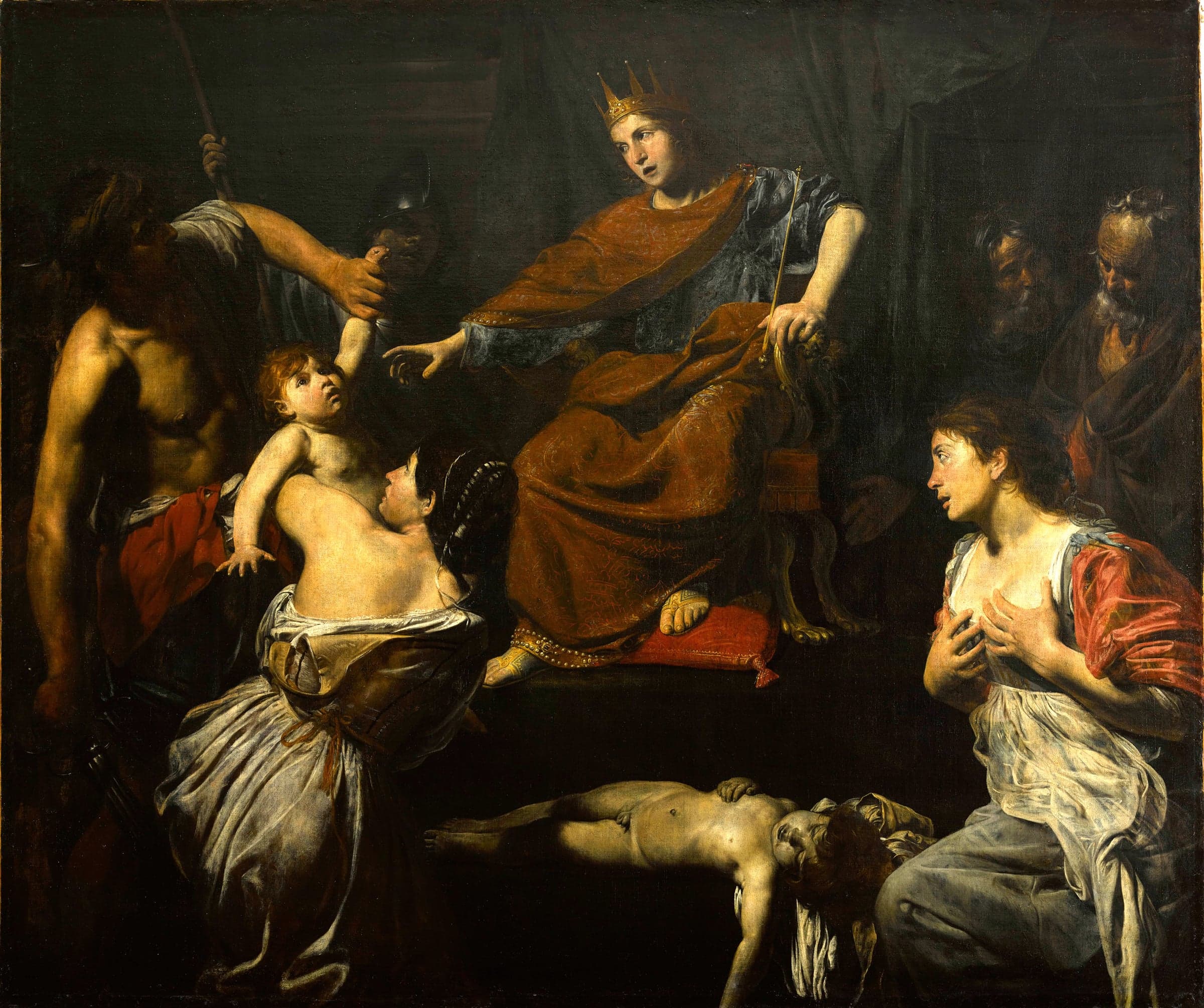 A painting of King Solomon on his throne stretching out a hand while a soldier holds a living baby up by the arm, one woman kneels at the left, another presses her hands to her chest at the right, and a dead child lies on the ground between them.