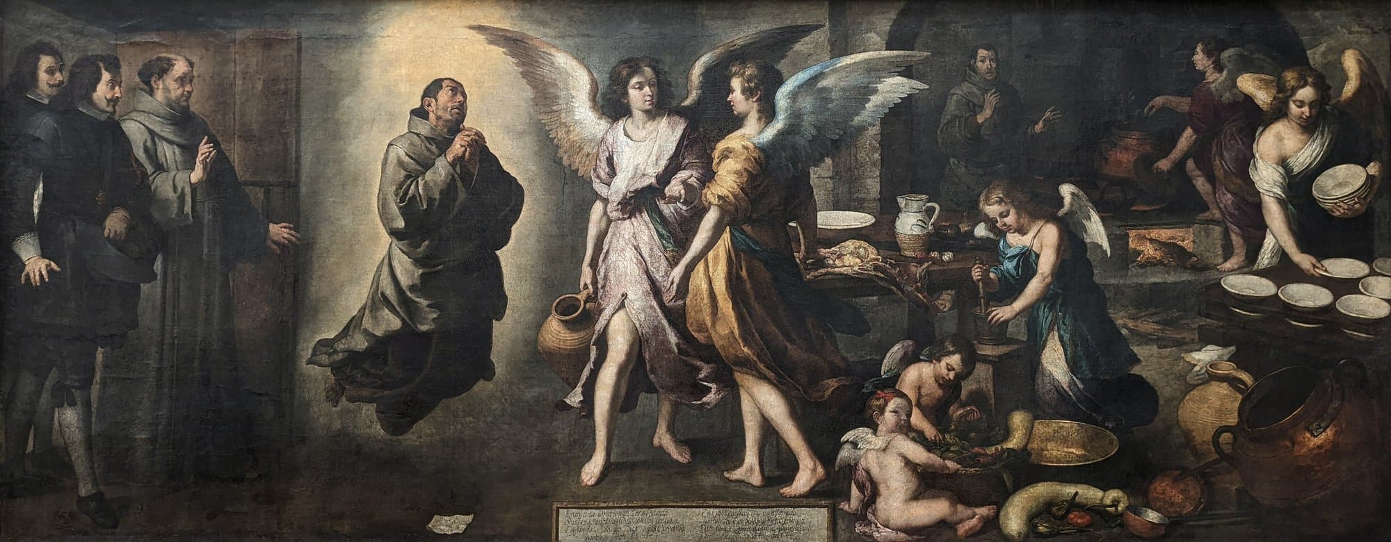 A wide painting of a monastery kitchen: on the left the Franciscan Brother Francisco, in a grey habit, kneels in the air with his hands joined, lit from above, while gentlemen and another friar look on from a doorway; in the centre and on the right winged angels carry a jug, grind in a mortar, tend a pot on the fire and set out white bowls among copper pans and vegetables.