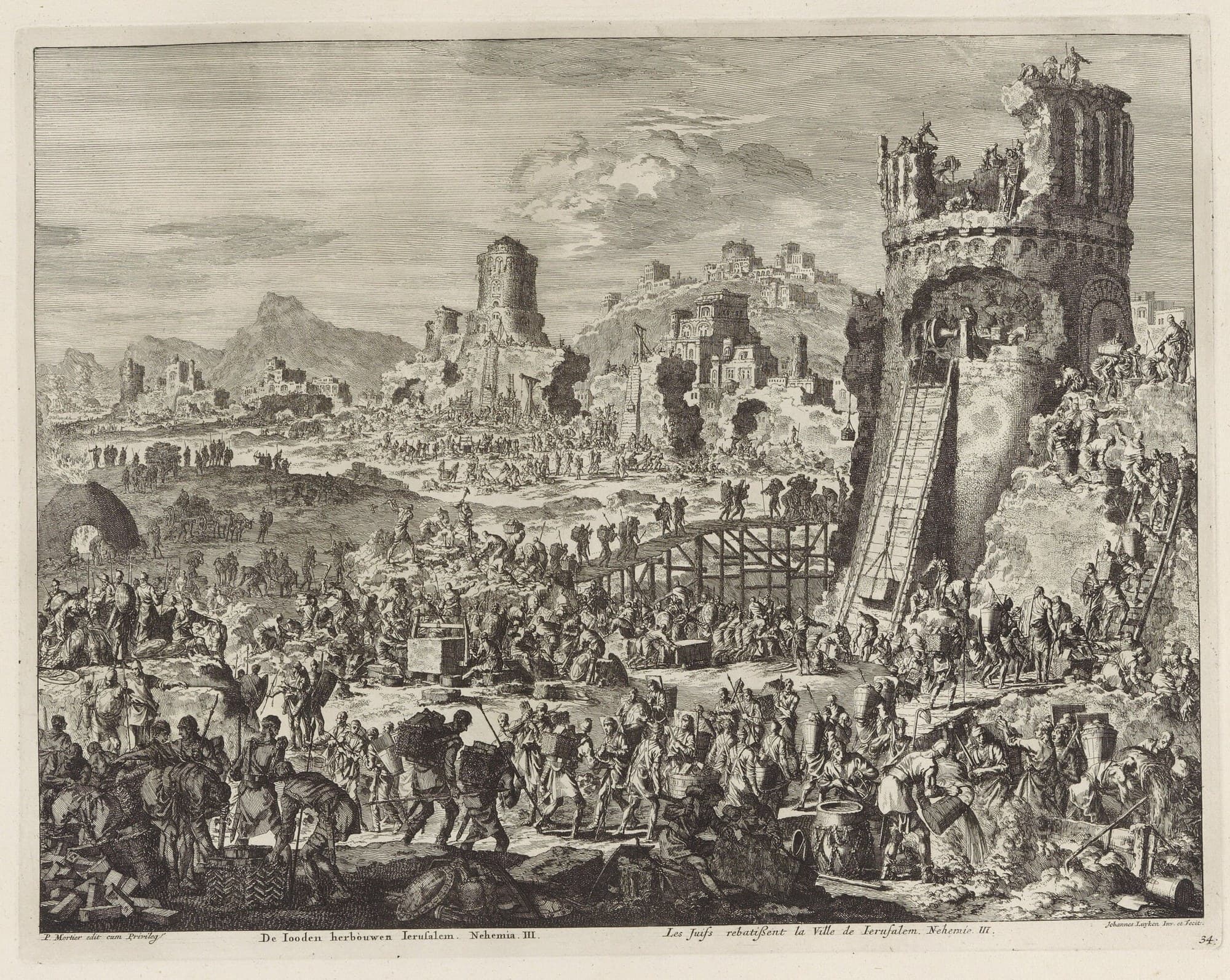 A black and white etching of a crowded building site: men carry baskets, stones and timber up a wooden ramp toward a broken round tower with ladders and a winch, armed men with spears and shields stand among them, and a town of towers and houses rises on the hills behind.