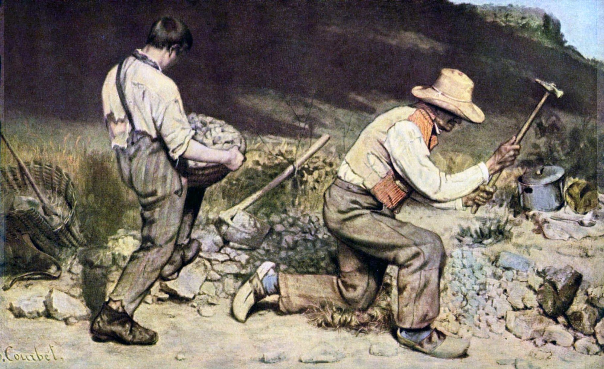 Two road workers break stones under a hot sky: an old man in a straw hat kneels with his hammer raised over a heap of stones, and a boy in a torn shirt carries a heavy basket of stones away.