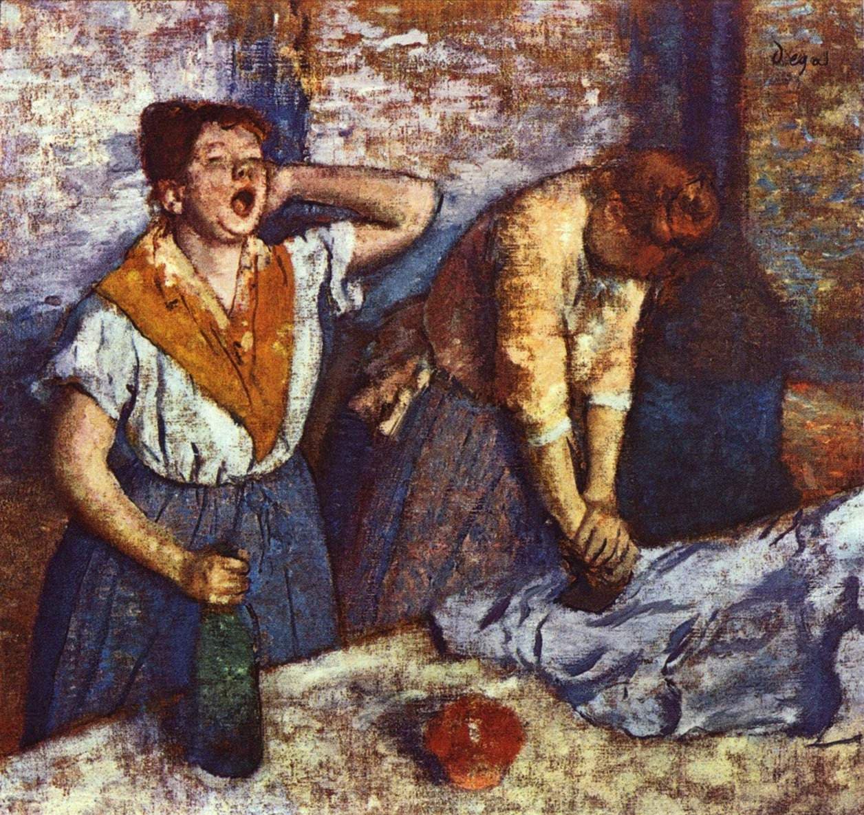 Two laundresses stand at a table covered with white linen; one yawns and stretches with a bottle in her hand, and the other leans her weight down on an iron with both hands.