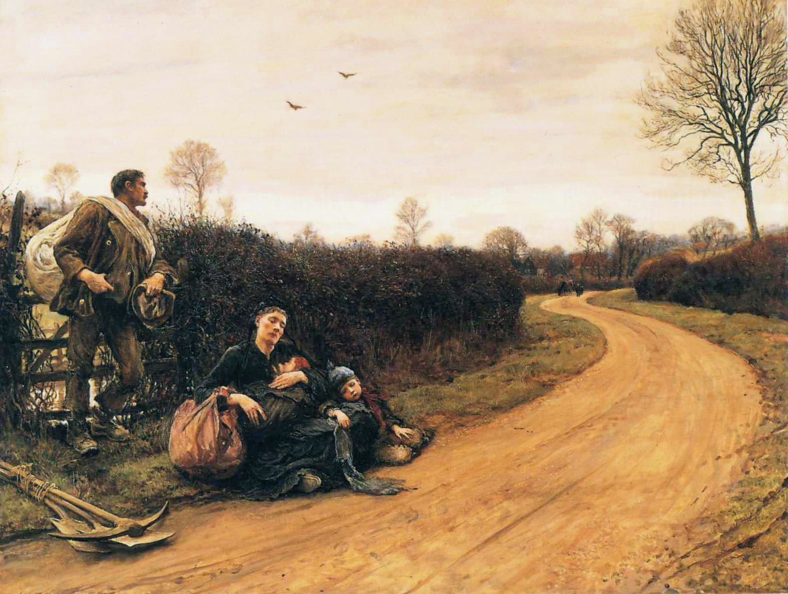 A painting of a country lane in winter: a labourer with a bundle on his back and his cap in his hand stands by a hedge looking down the road, while a woman in black sits on the verge with a sleeping child in her arms and a small boy resting against her, a pick and a spade lying on the ground beside them.