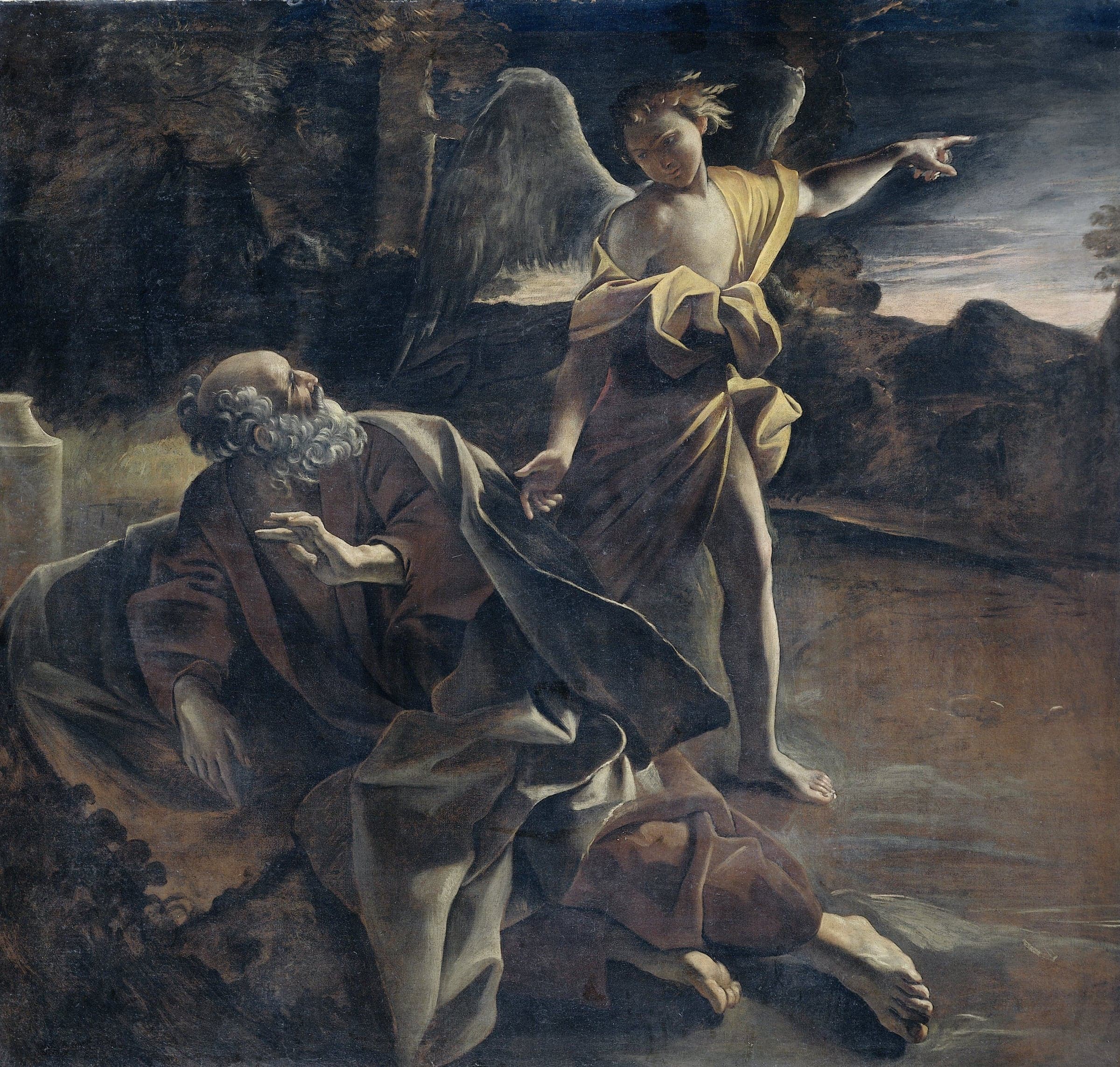 A painting of an old, white-bearded prophet lying on the ground in a dark wilderness, turning in alarm toward a winged angel in a yellow robe who stands over him and points into the distance.