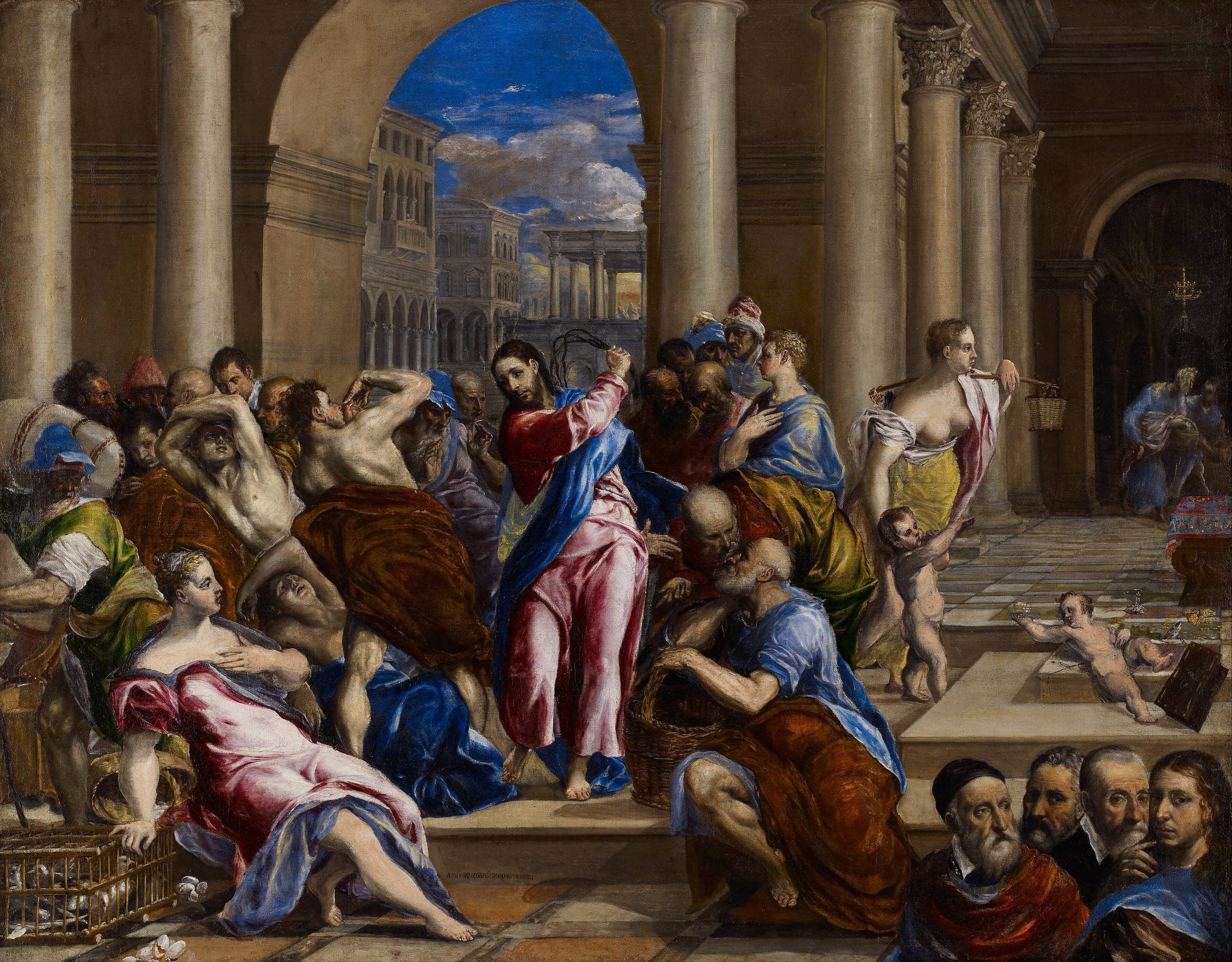 A painting of Christ in a red robe and blue mantle raising a whip in a colonnaded court, while traders recoil on His left, a seated woman and an old man with a basket crouch near Him, and four men in portrait stand at the lower right.