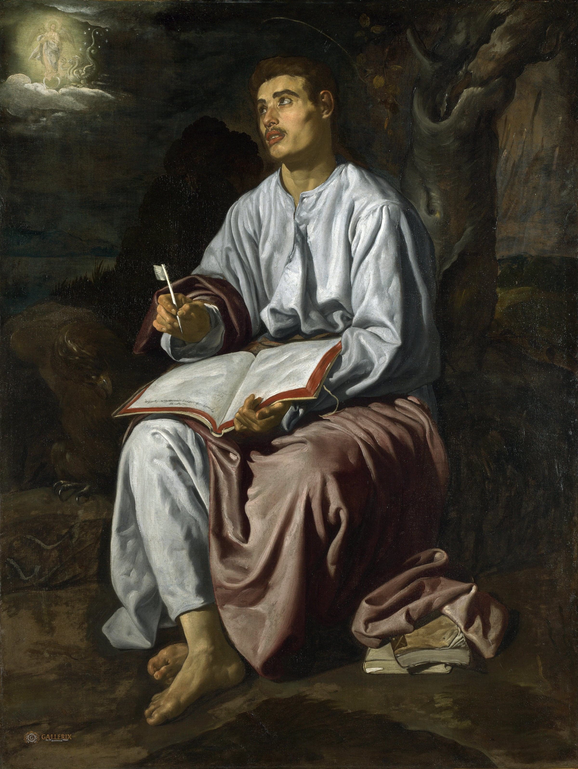 A painting of a young man in a white tunic and a rose cloak seated on a rock with an open book on his knee and a pen in his hand, looking up at a vision of a woman in light among clouds, with an eagle at his side.