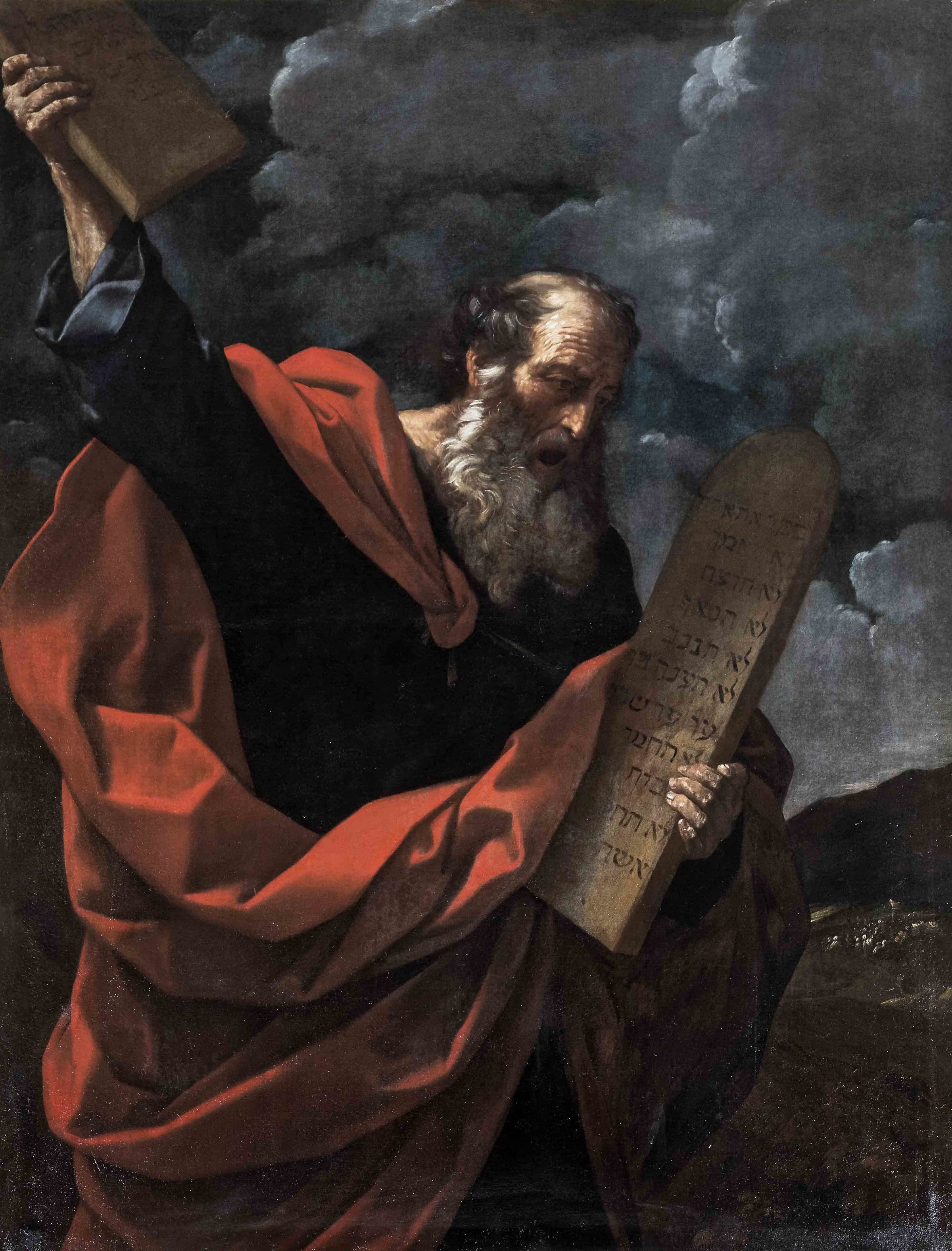 A painting of an old bearded man in a red cloak raising one stone tablet over his head and holding a second, cut with Hebrew letters, against his body, with storm clouds behind him.