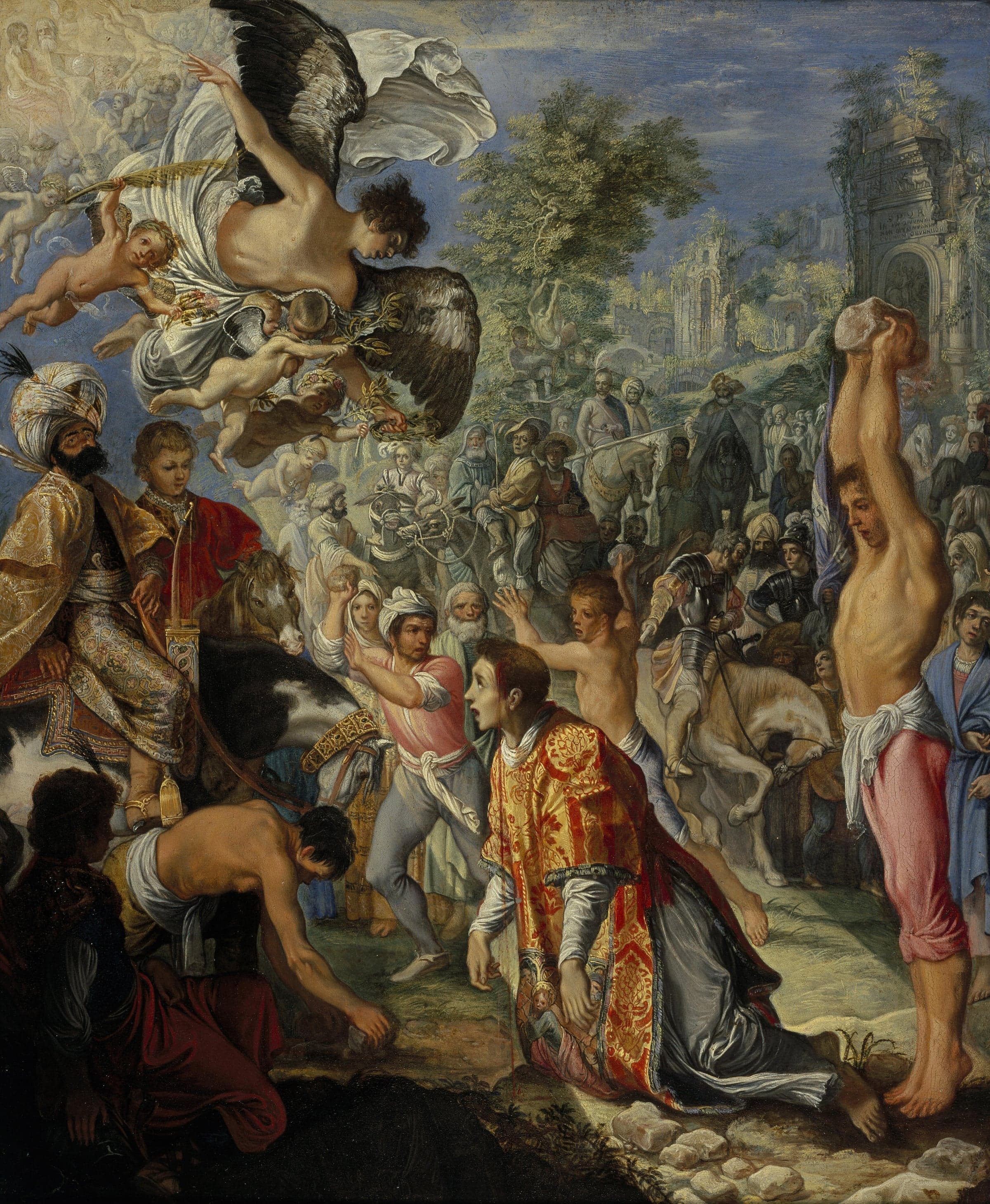 A painting of a young deacon in a red and gold robe kneeling on stony ground while men around him lift stones to throw, a turbaned rider looks on from the left, and angels carry a crown and a palm branch down from the sky.
