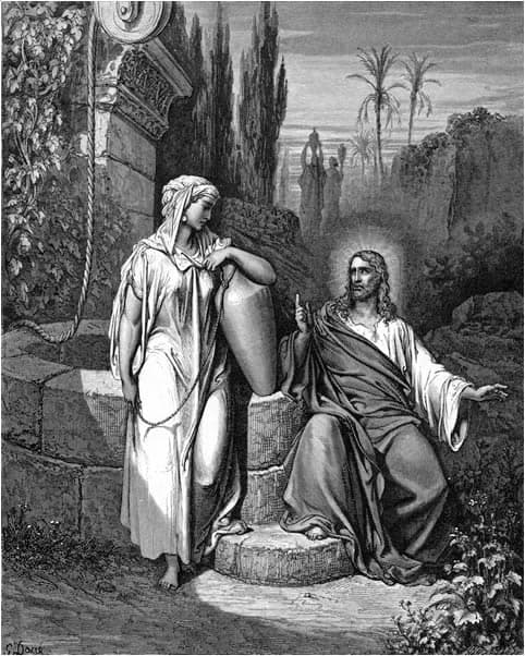 Jesus and the woman of Samaria at Jacob's well, John 4:7 to 4:26. Mount Gerizim stands over that valley, and her question is about it.