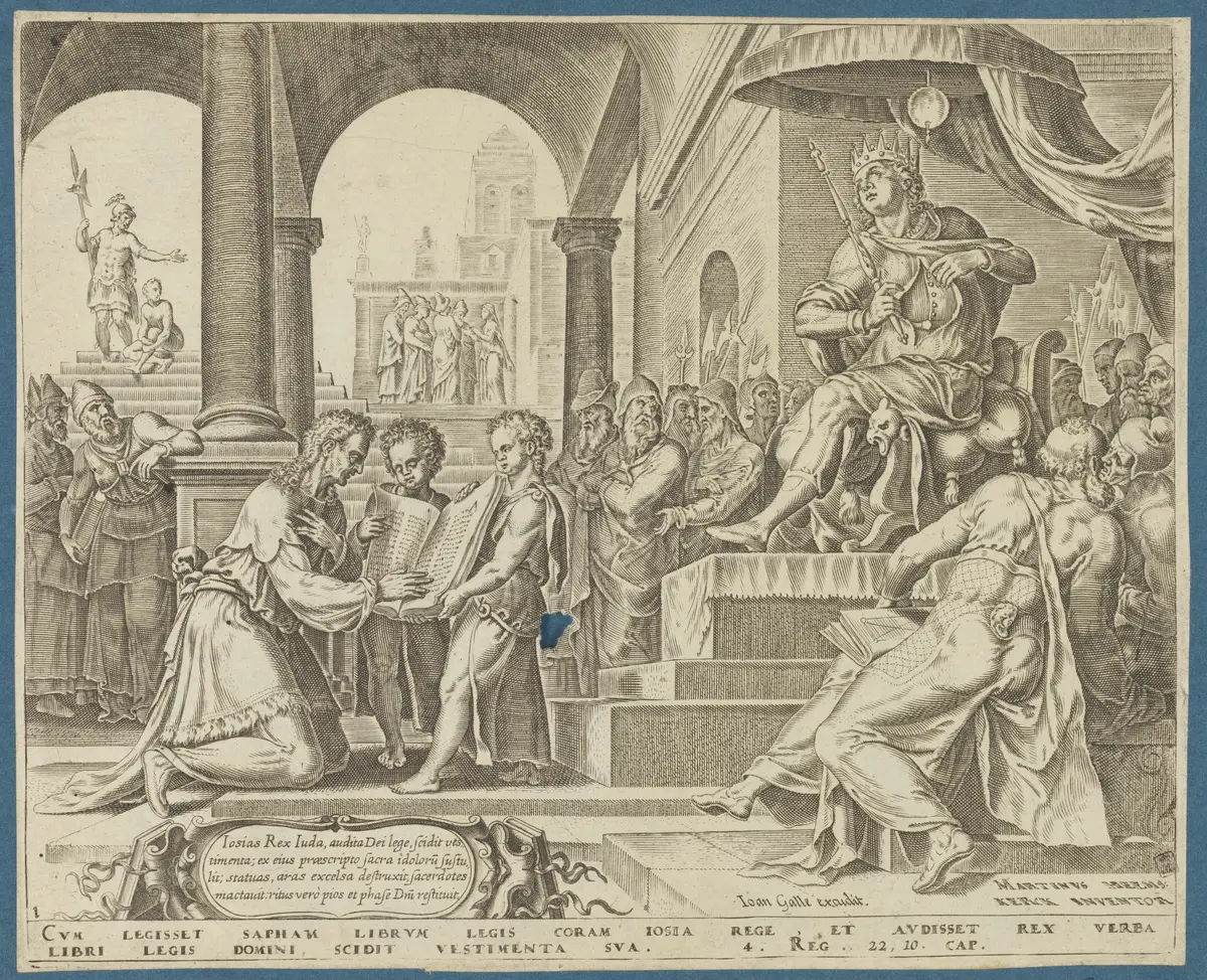 Saphan Reading the Book of the Law to Josiah, Philip Galle, engraving after Maarten van Heemskerck, 1569, Royal Library of Belgium. Public domain.