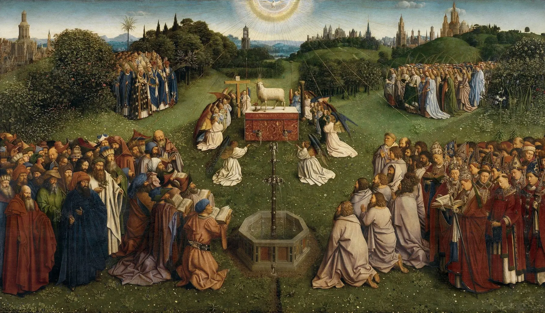 The Adoration of the Mystic Lamb, Jan and Hubert van Eyck, about 1430 to 1432. Public domain.