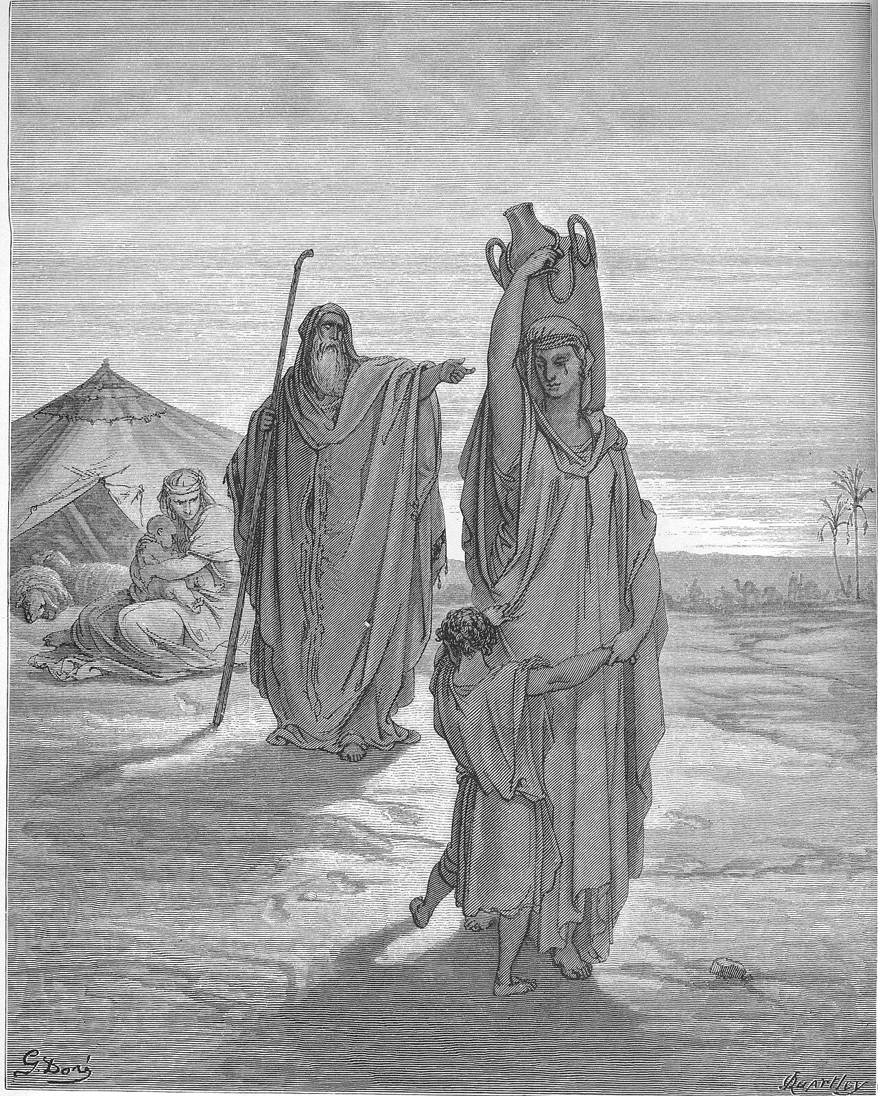 The hardest scene in his life: Hagar and Ishmael leaving the camp with bread and a skin of water, Genesis 21:14.