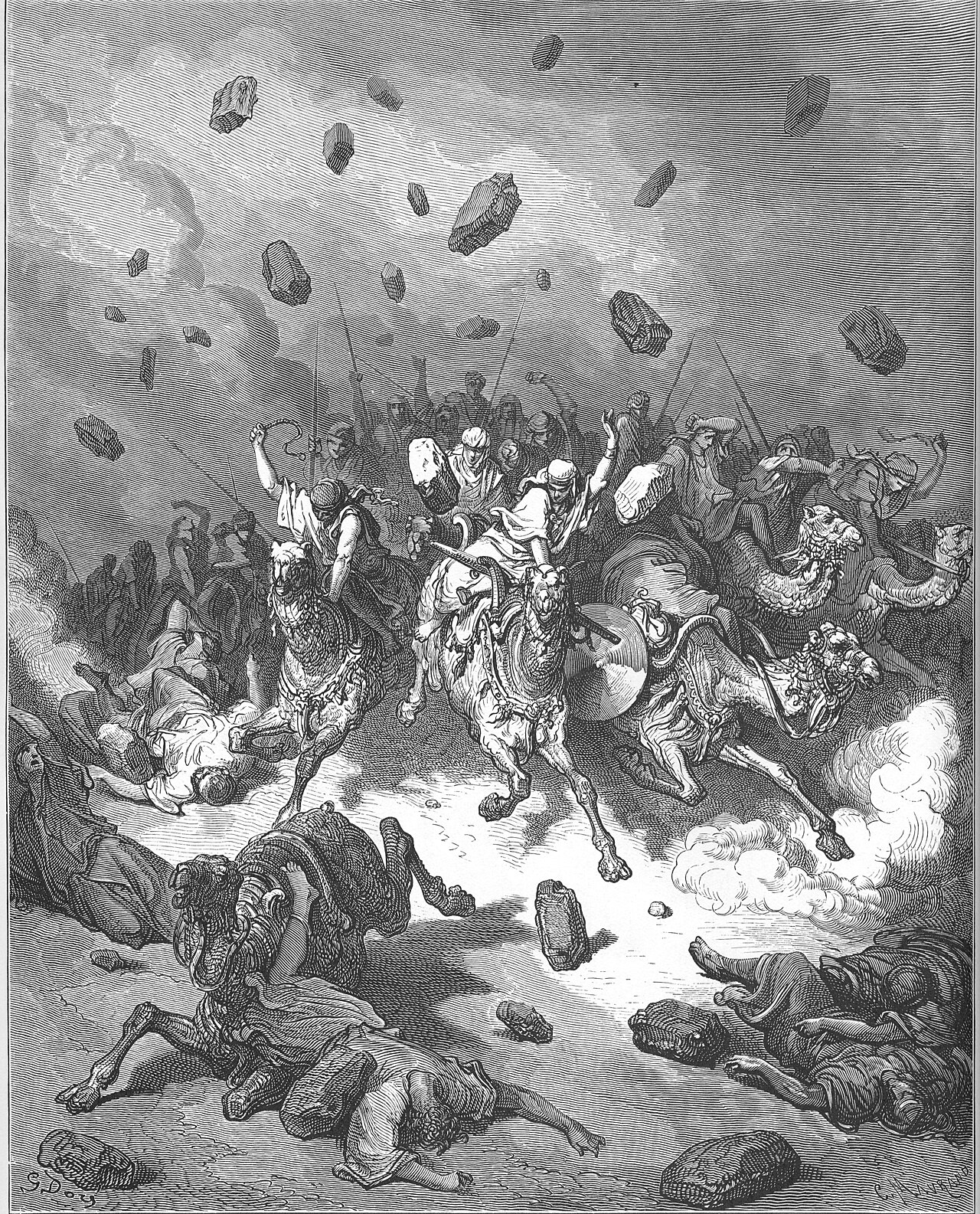 The five Amorite kings broken on the descent of Beth-horon, the battle Joshua marched all night to fight for Gibeon. Joshua 10:10-11.