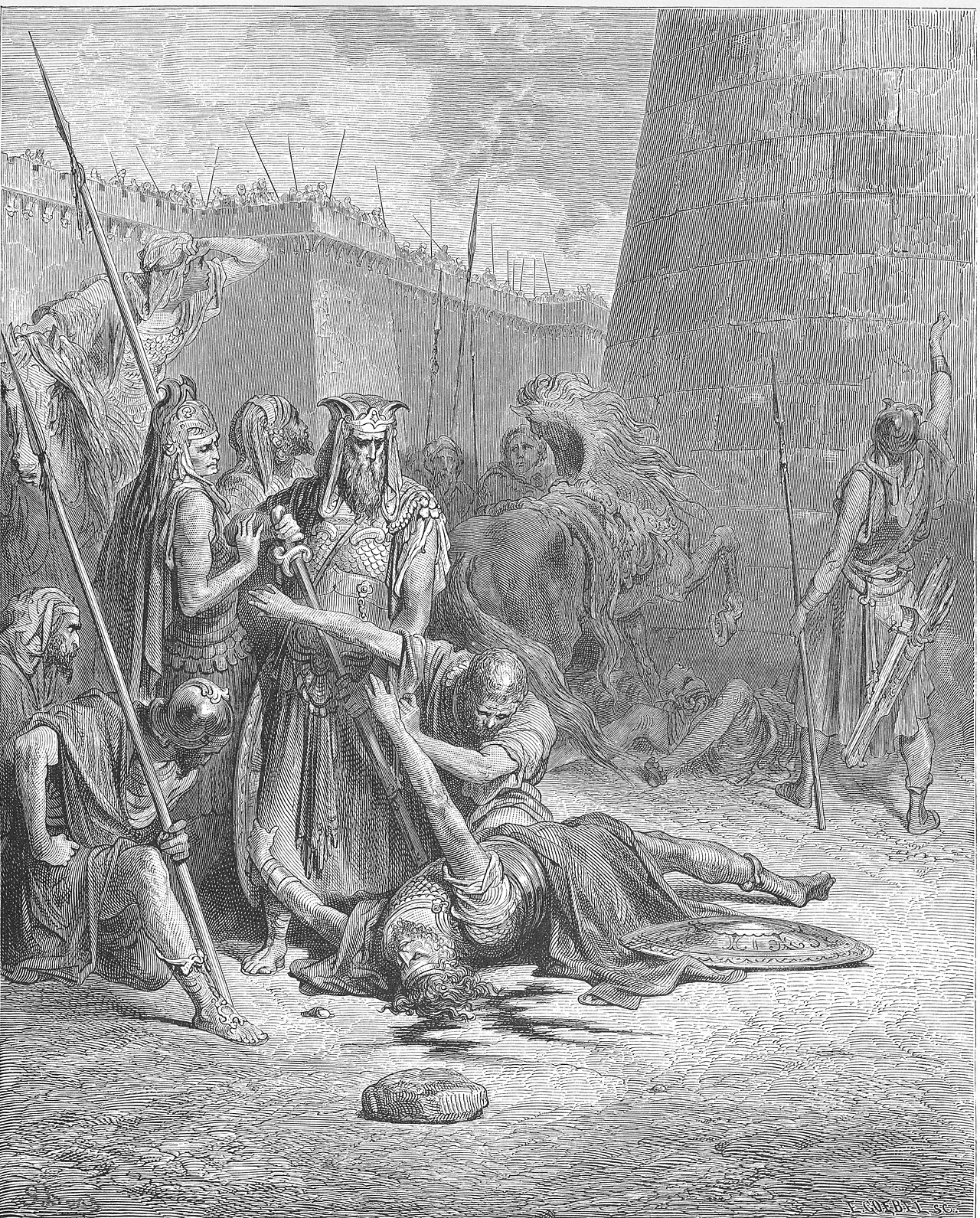 Abimelech struck by a millstone at Thebez, Judges 9:53. The end of the story Jotham had named as a condition, at a different town.