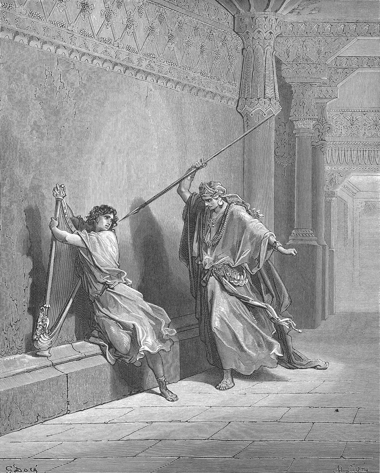Saul attempts to kill David (the harpist of Israel)