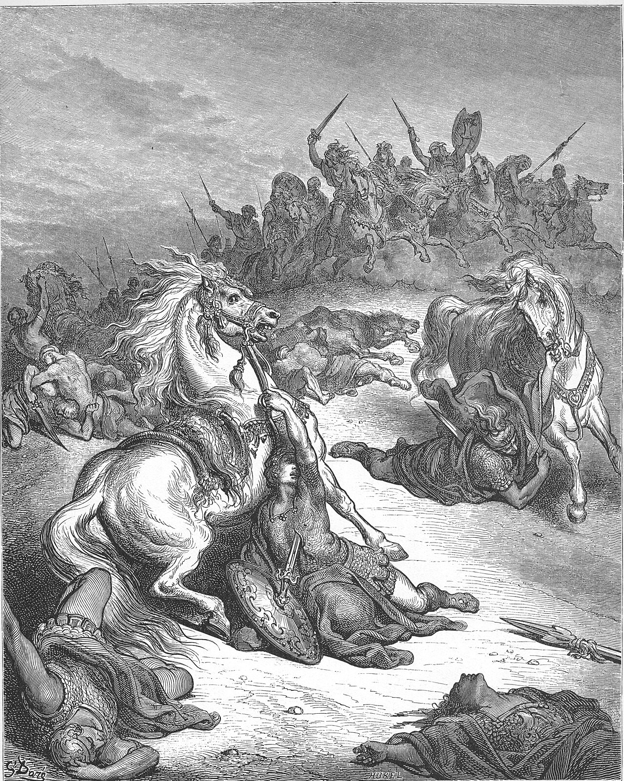 Saul falling on his own sword as the battle closes over Mount Gilboa. 1 Samuel 31:4-6.